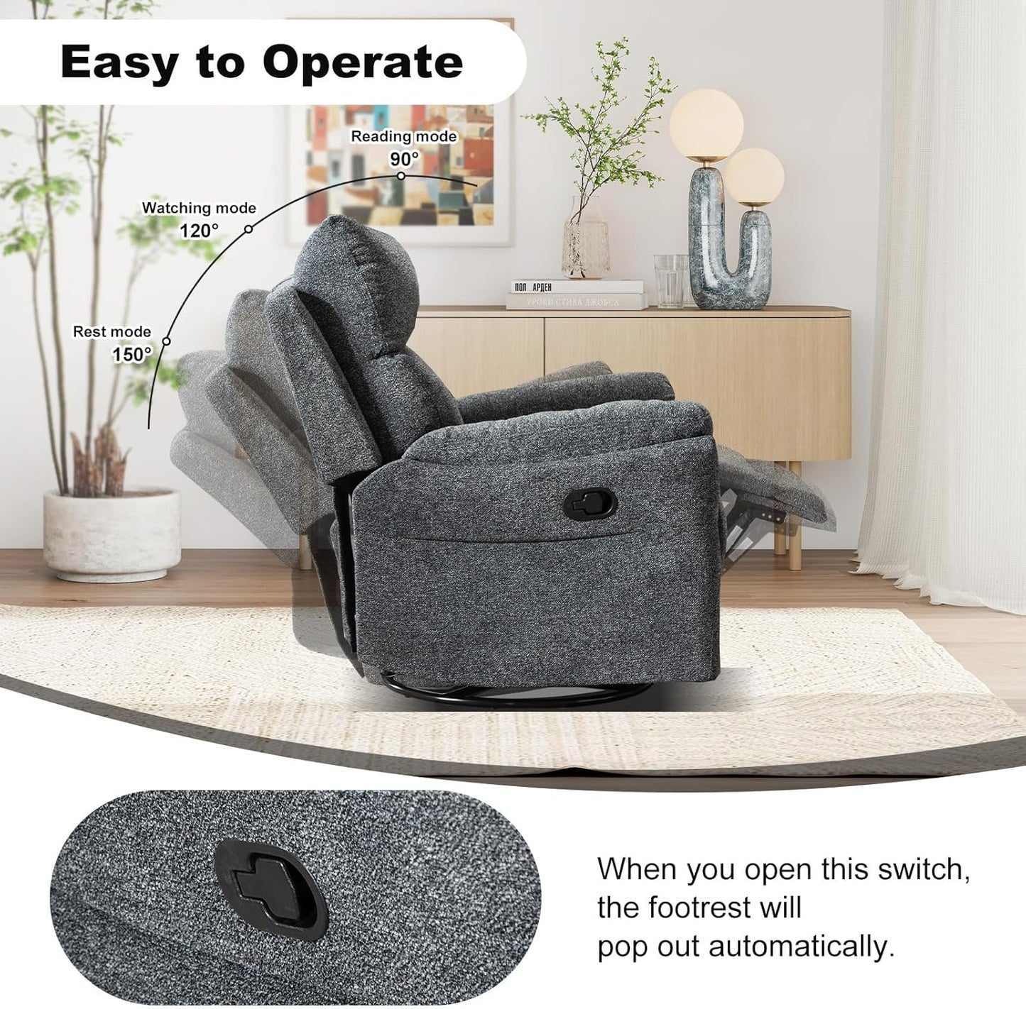 Rocker Recliner, Manual Swivel Recliner with Overstuffed Cushion, Nursing Chairs for Living Room, Swivel Glider Recliners with Soft Backrest, Dark Grey