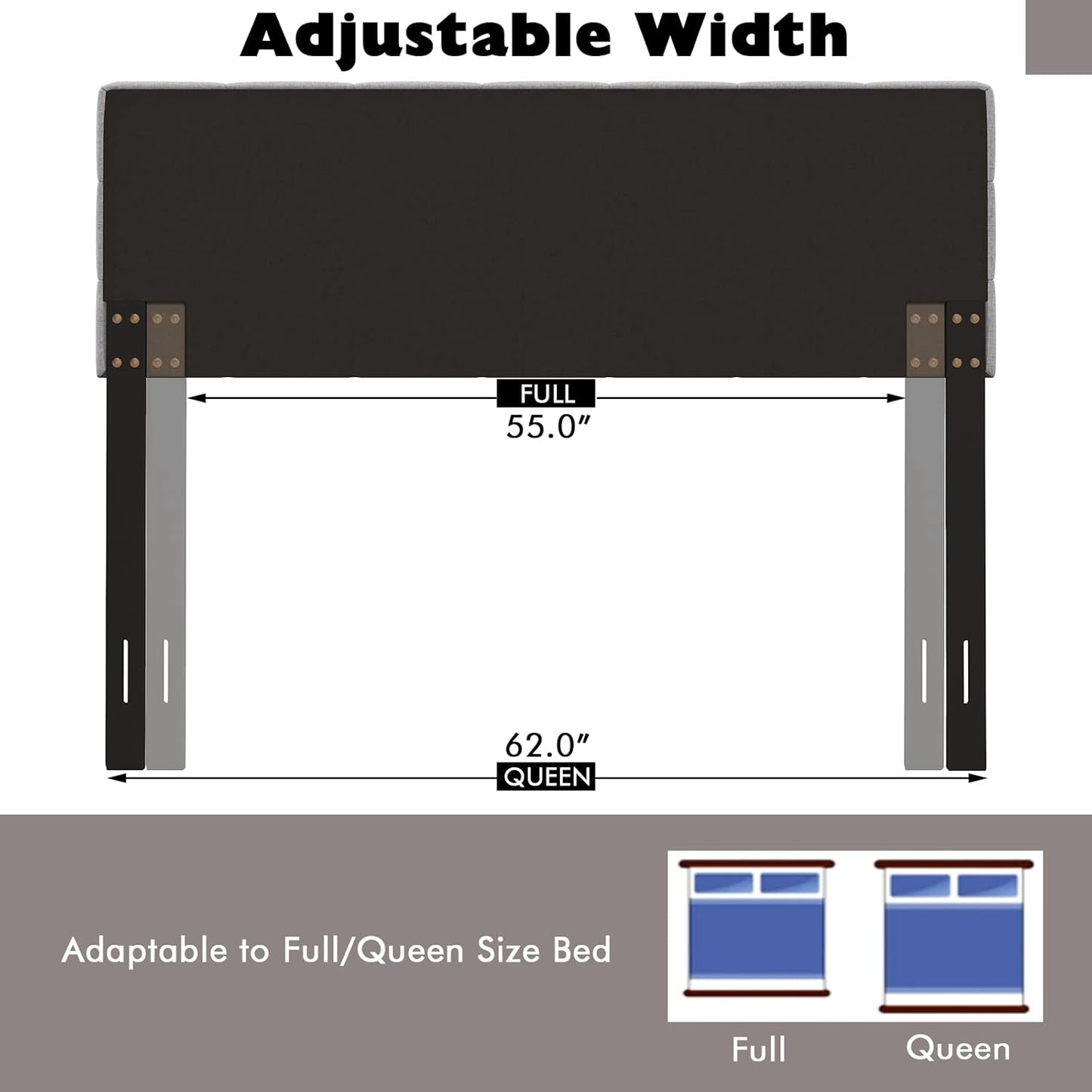 Linen Upholstered Headboard, Adjustable Width Button Tufted Headboard Only with Solid Wood Legs, Attach Frame, Rectangular Headboard for Queen Full Size Bed, Gray