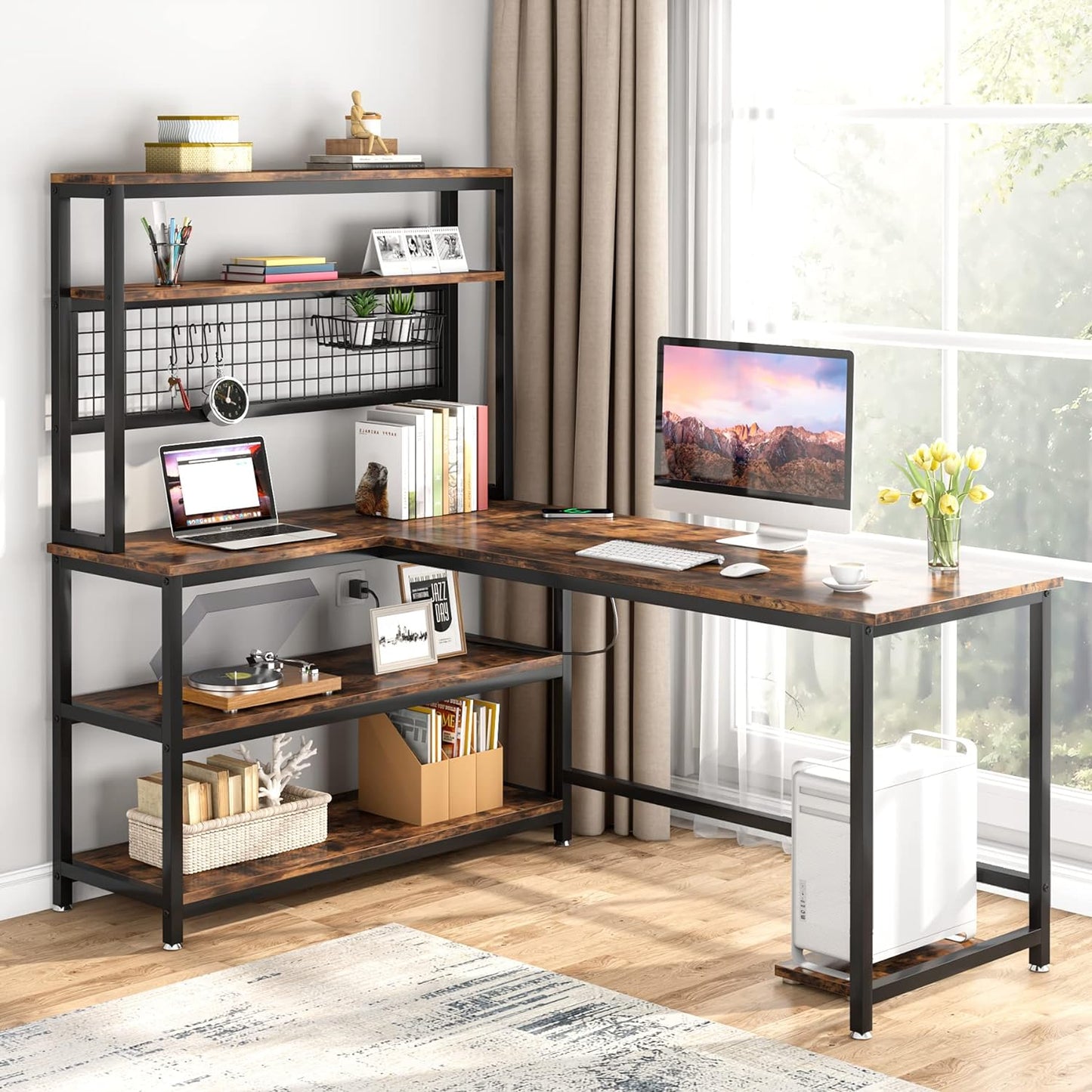 55" L-Shape Computer Desk with Hutch and Wireless Charging, Office Desk Study Table Writing Desk Workstation with 5 Shelves and Movable CPU Stand for Home Office (Brown)