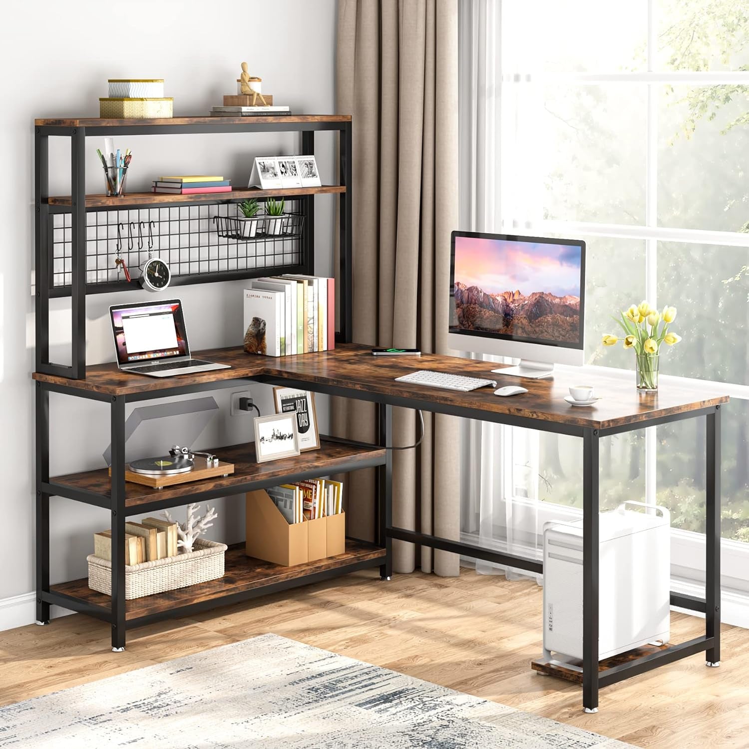 55" L-Shape Computer Desk with Hutch and Wireless Charging, Office Desk Study Table Writing Desk Workstation with 5 Shelves and Movable CPU Stand for Home Office (Brown)