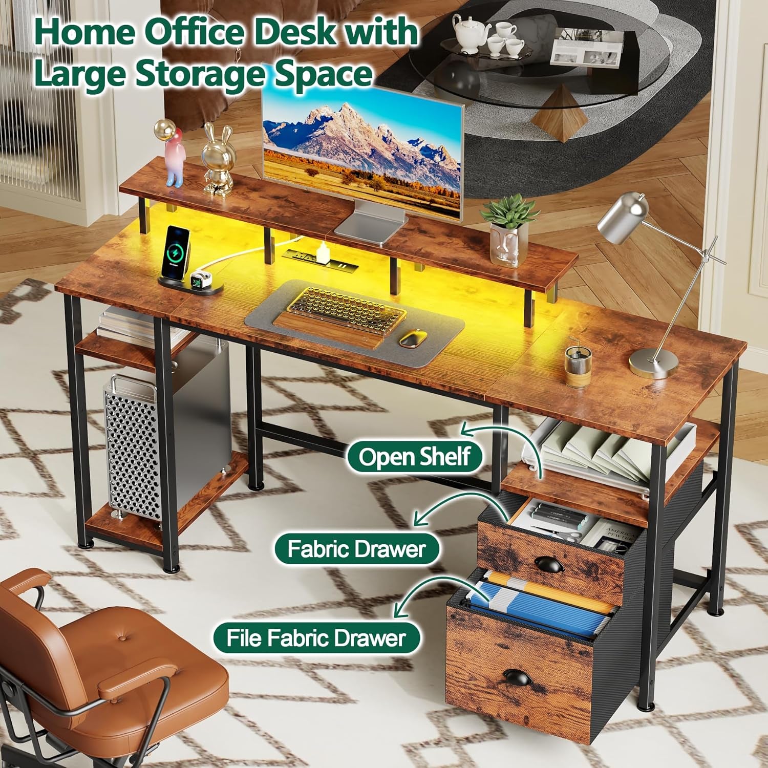 51" Computer Desk with Power Outlet and LED Lights, Reversible Home Office Desk with File Cabinet & Monitor Stand, Large Gaming Table with Storage Shelves & Drawer, Rustic Brown
