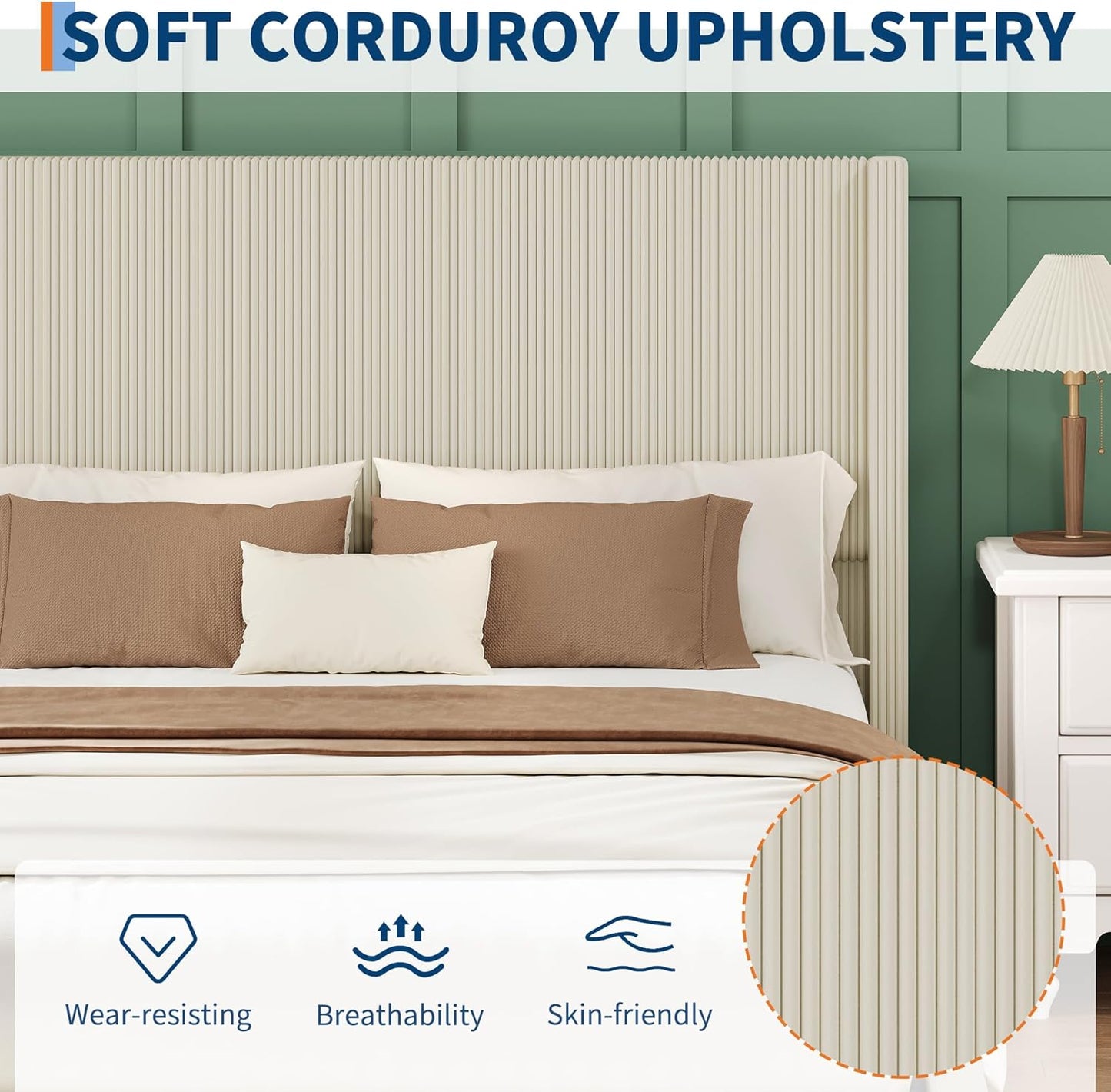 King Size Bed Frame with Storage Drawers, Corduroy Upholstered Platform Bedframe with Wingback, Headboard and Footboard, No Box Spring Needed, Beige