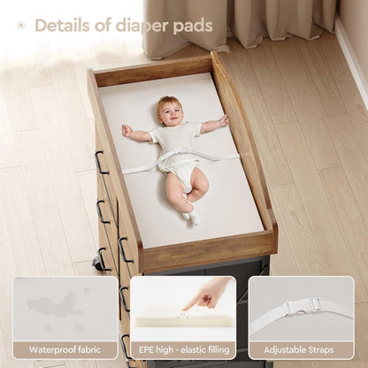 Baby Changing Table Dresser with Wheels, 6-Fabric Drawer Baby Dresser with Changing Table Top, Waterproof Diaper Changing Station & Pad, Mobile Storage Unit, Baby Furniture, Rustic Brown