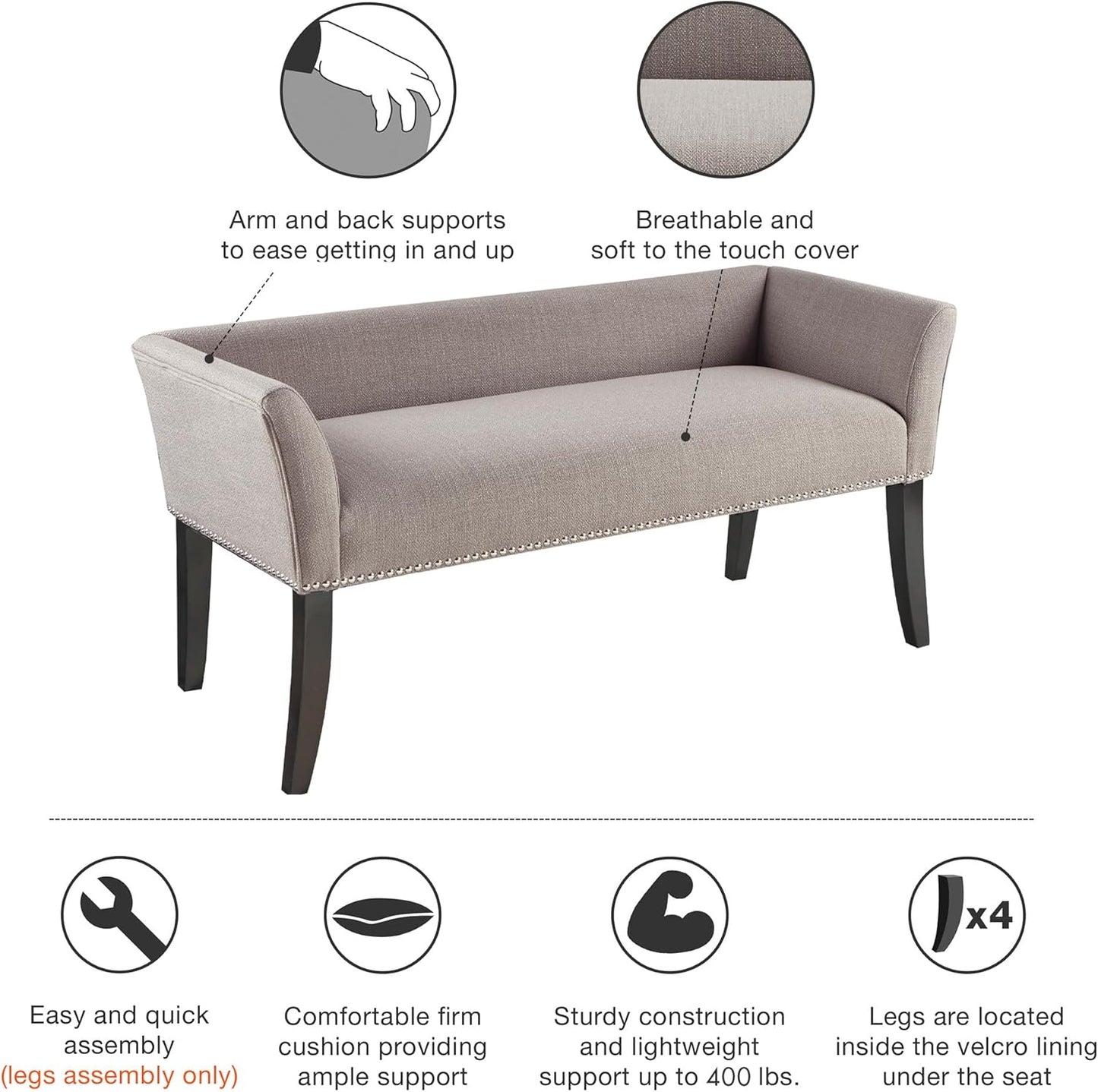 Accent Bench, Upholstered with Nailhead Trim, & Padded Seat Entryway Bench Small, End of Bed Bench with Back, 49.5" W X 19.25" D X 23" H, Grey