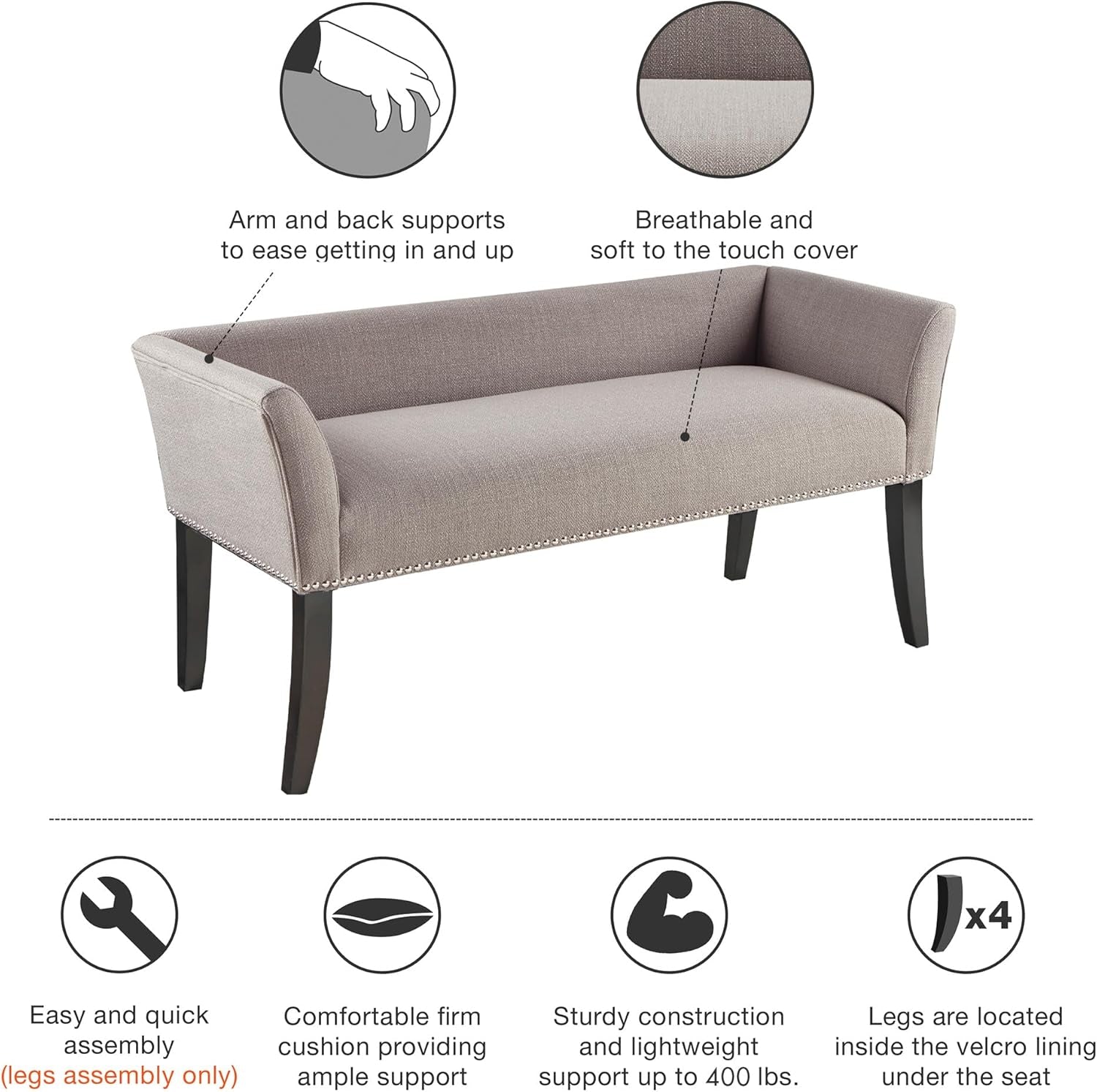Accent Bench, Upholstered with Nailhead Trim, & Padded Seat Entryway Bench Small, End of Bed Bench with Back, 49.5" W X 19.25" D X 23" H, Grey