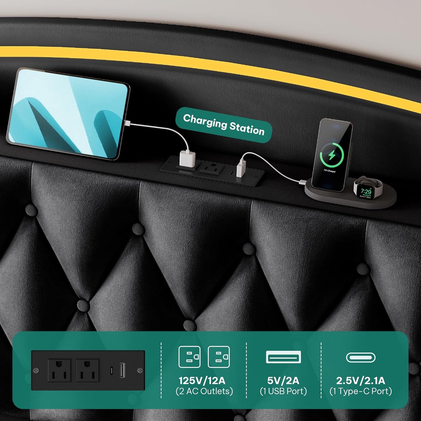 Queen Size Bed Frame with 4 Storage Drawers and RGB LED Lights, 57'' Tall Headboard Velvet Upholstered Bed with Charging Station, No Box Spring Needed, Easy Assembly, Noise-Free, Black