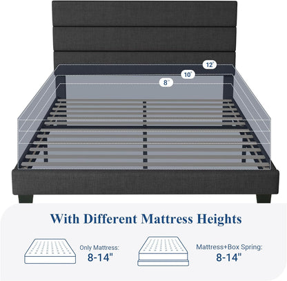 Queen Size Platform Bed Frame with Fabric Upholstered Headboard and Wooden Slats Support, Fully Upholstered Mattress Foundation/No Box Spring Needed/Easy Assembly, Dark Grey
