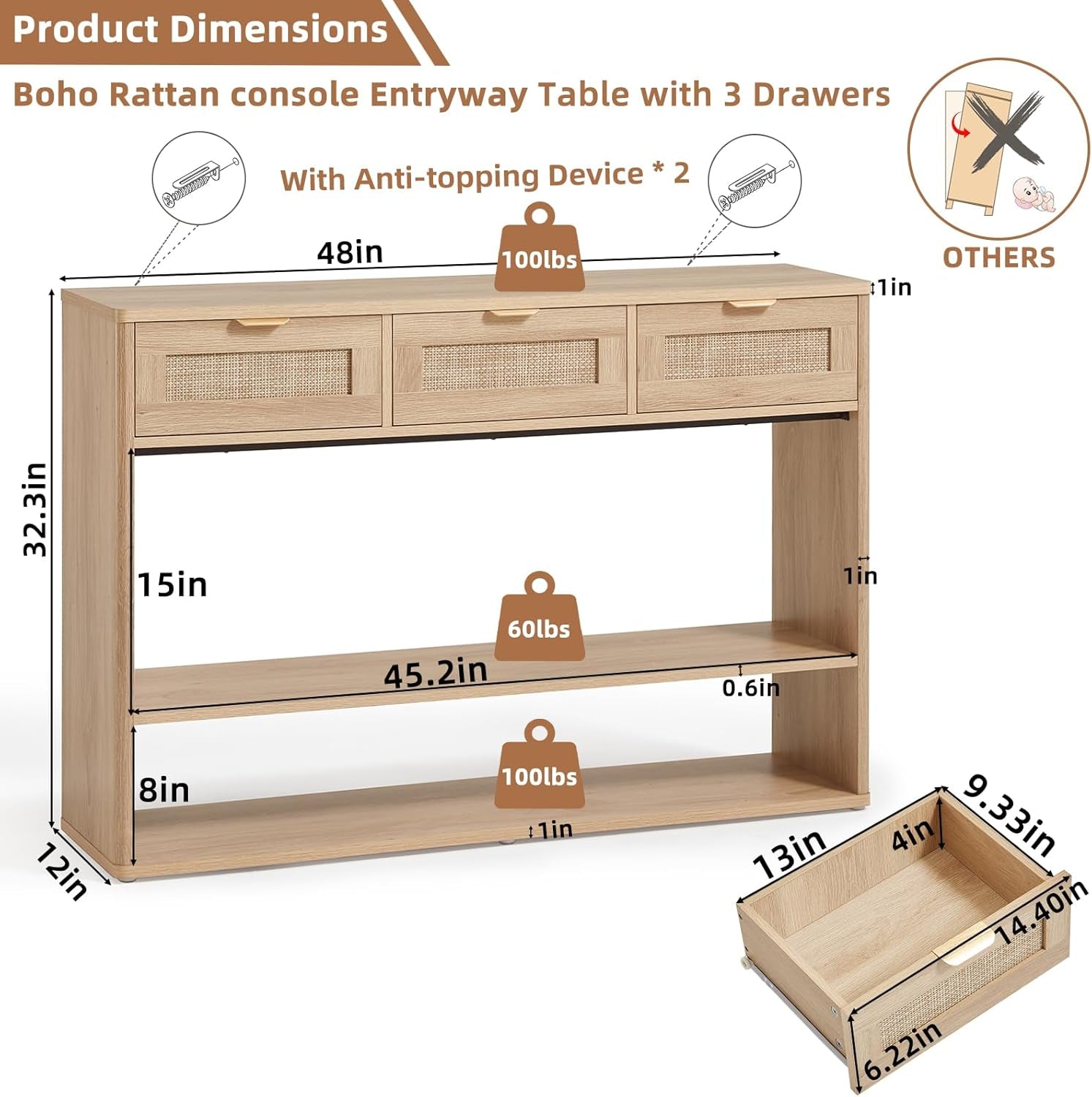 48" Boho Rattan Console Table with 3 Drawers, 3 Tier Wooden Entryway Table with Open Storage Shelf, Narrow Long behind Couch Sofa Tables for Living Room, Hallway, Entrance, Natural Wood
