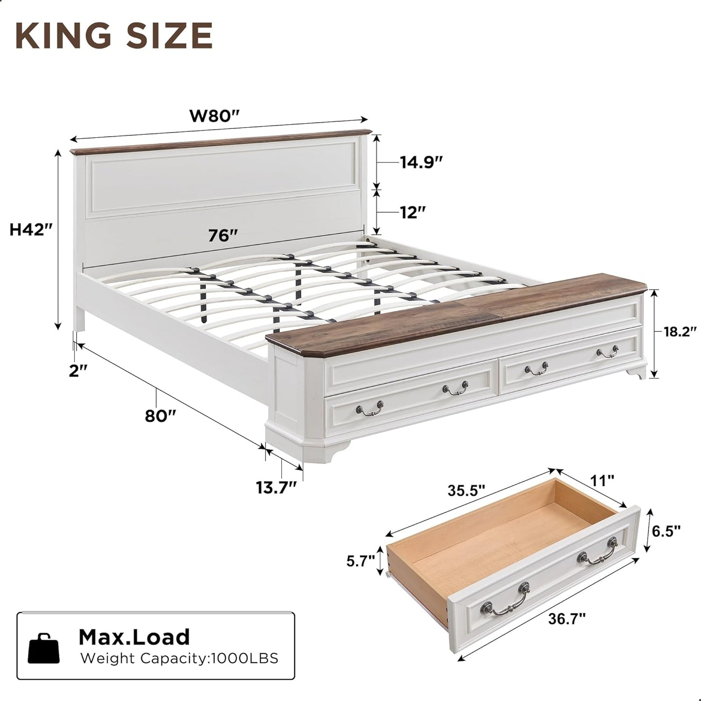 Farmhouse King Bed with Headboard and Storage Bench, Rustic Wood Platform Bed with 80" Storage Chest W/ 4 Large Drawer (Antique White)