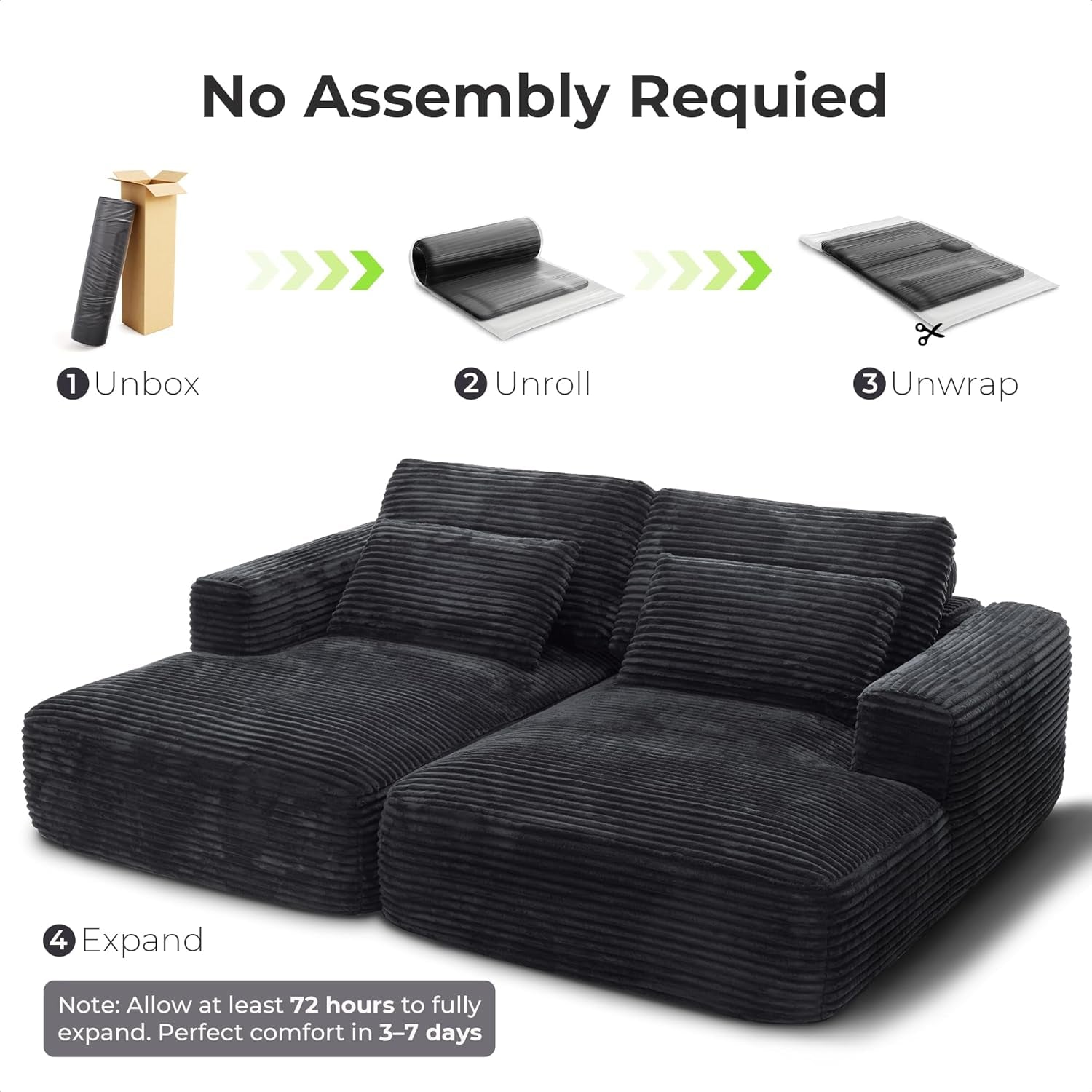 93" Double Chaise Lounge Sofa Bed - Plush Corduroy, No Assembly, Deep Seat Cloud Couch for Living Room, Home Theater (Black)