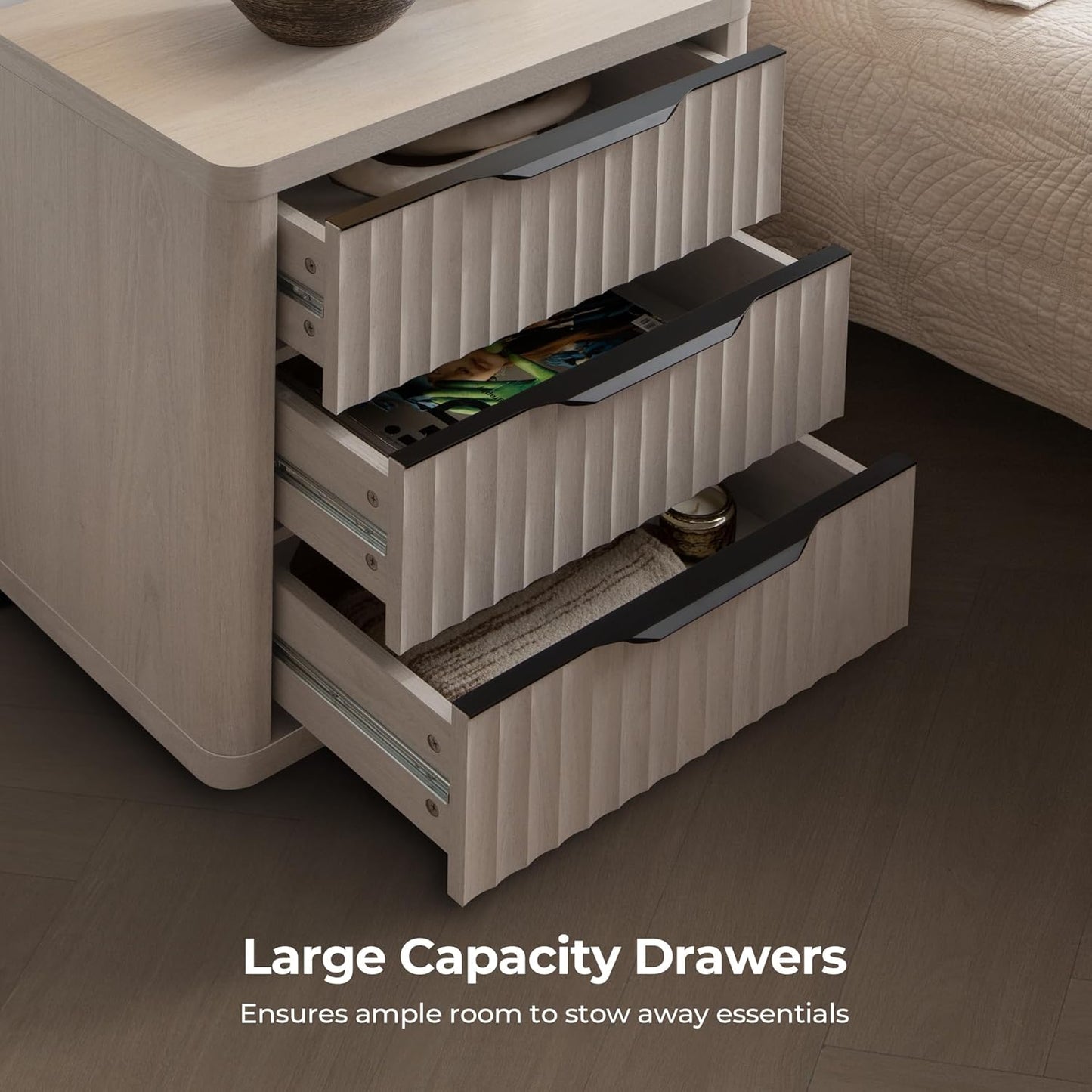 Night Stand Set of 2 Nightstands with 3 Drawers Storage Bedside Table Large Fluted Bed Side End Table Modern 25.6" Tall Wide Night Stands for Bedroom Living Room Sofa Couch Office, White Alder