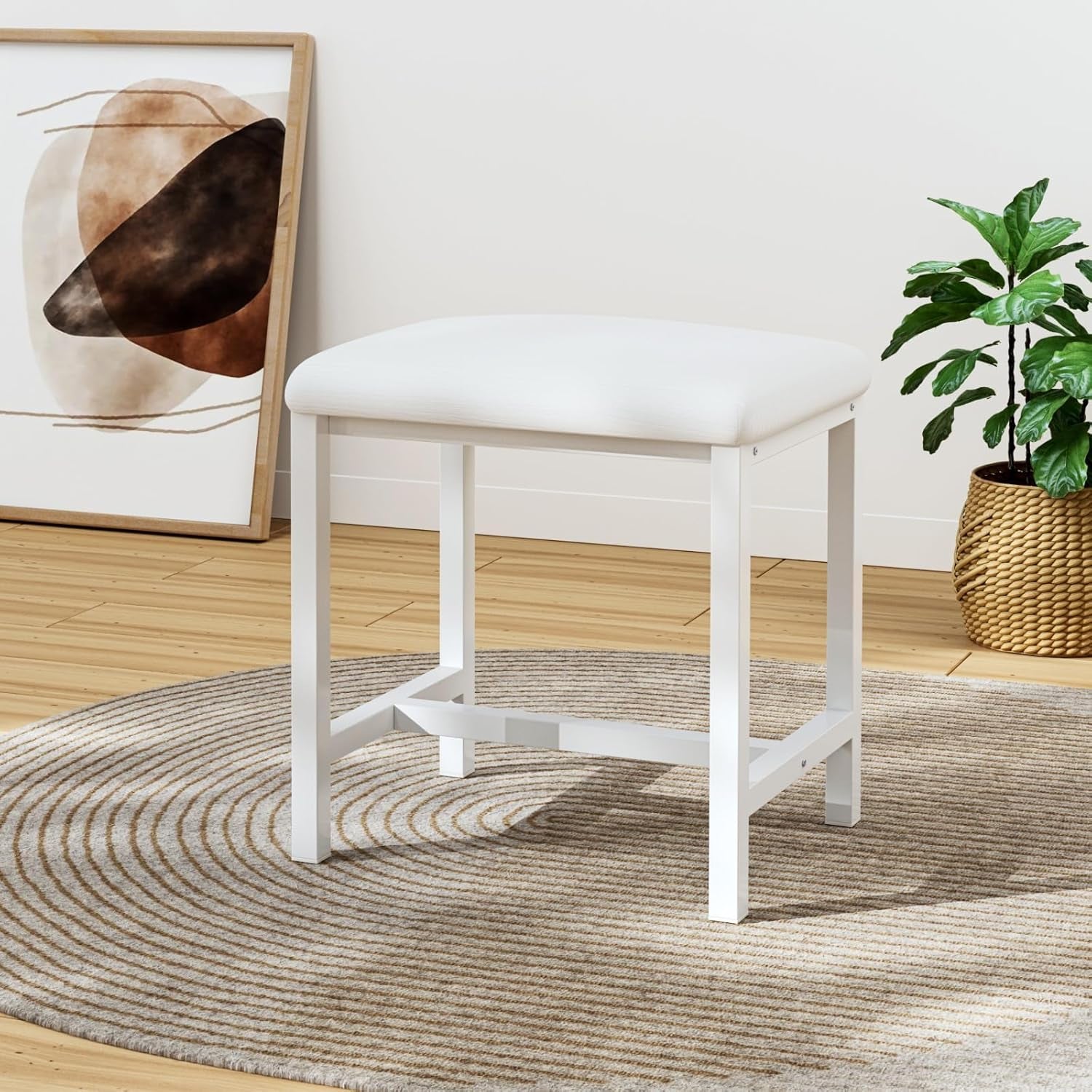 Small Vanity Stool, Cute Vanity Stools with Cushion, White Makeup Vanity Chair for Small Spaces, Living Room, Bedroom, Bathroom, Entryway, Ottoman Foot Rest for Couch Sillas Modern
