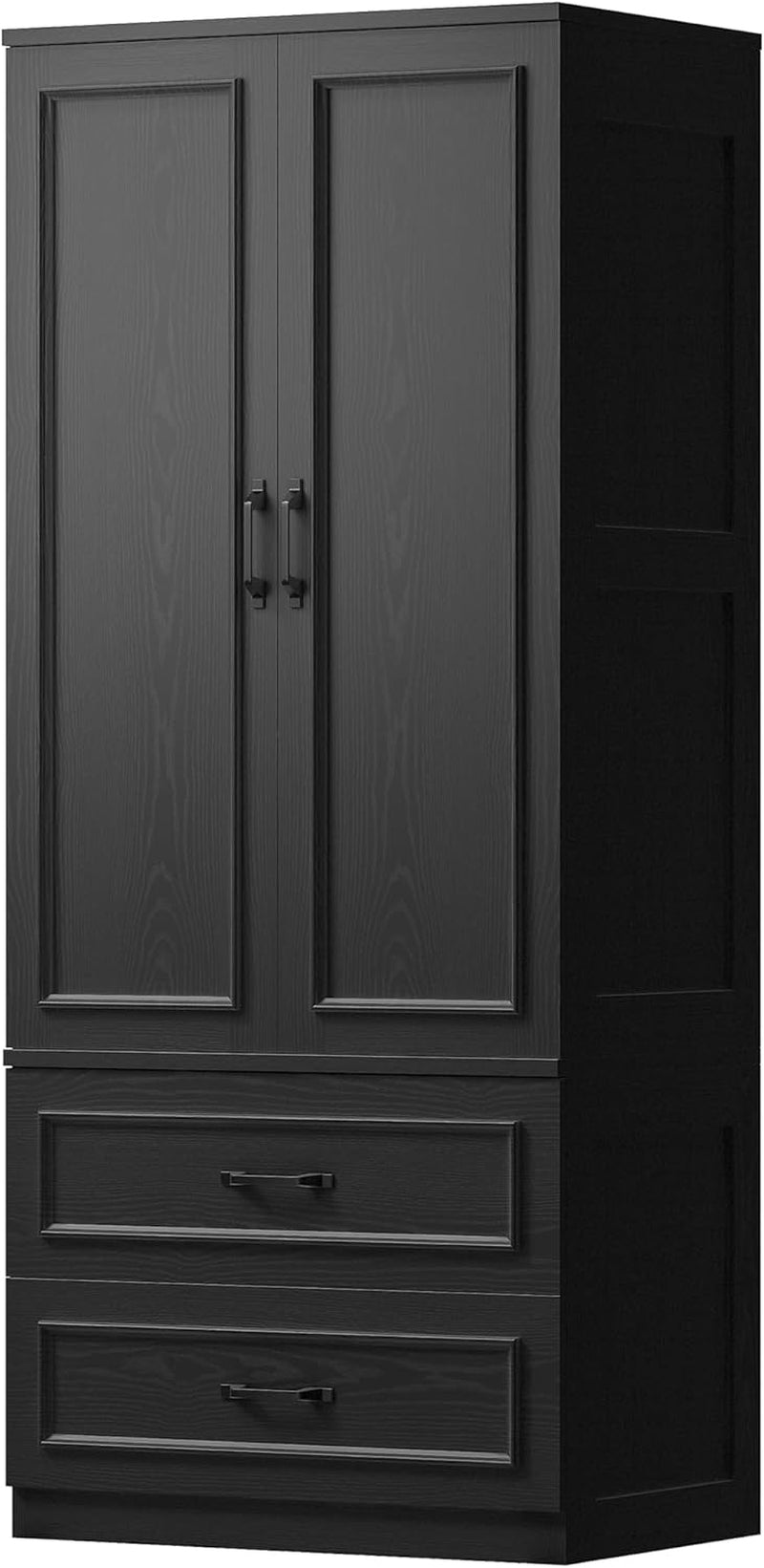 Armoire Wardrobe Closet with 2 Doors and 2 Drawers 70" H X 28" W Wooden Bedroom Freestanding Wardrobe Combination for Hanging Clothes, Black