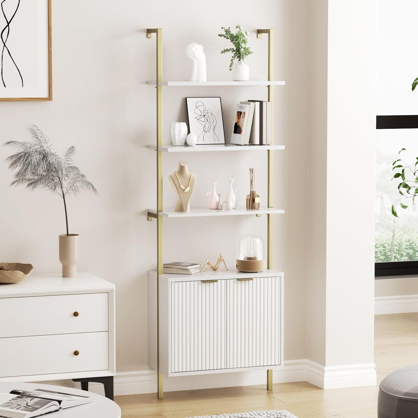 3 Tier White & Gold Ladder Shelf with Storage Cabinet, Modern Ladder Bookshelf with Doors, Wall Mount Bookcase with Metal Frame, Display Shelves for Living Room, Bedroom, Bathroom, Home Office