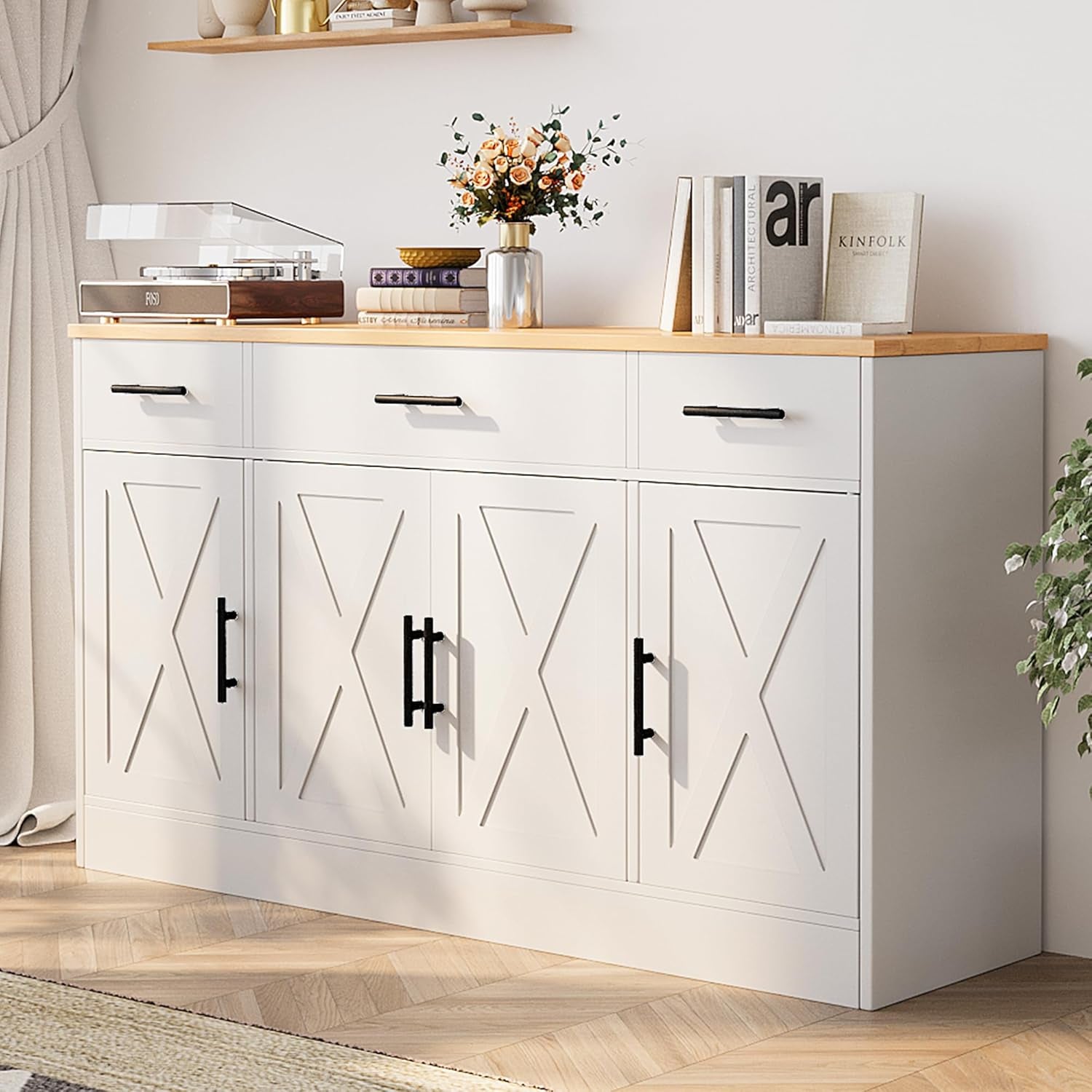 Buffet Cabinet with Storage,53.4" Large Kitchen Storage Cabinet with 3 Drawers and 4 Doors,Wood Farmhouse Buffet Sideboard with Adjustable Shelf for Kitchen Living Room