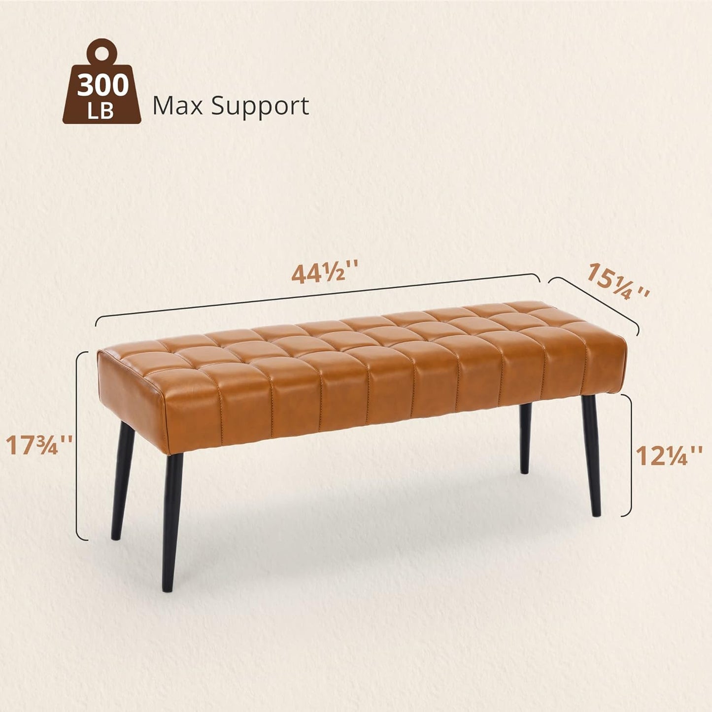 Entryway Bench, 44.5'' Leather Upholstered Bedroom Benches, End of Bed Bench with Metal Legs, Living Room, Dining Room, Whiskey Brown