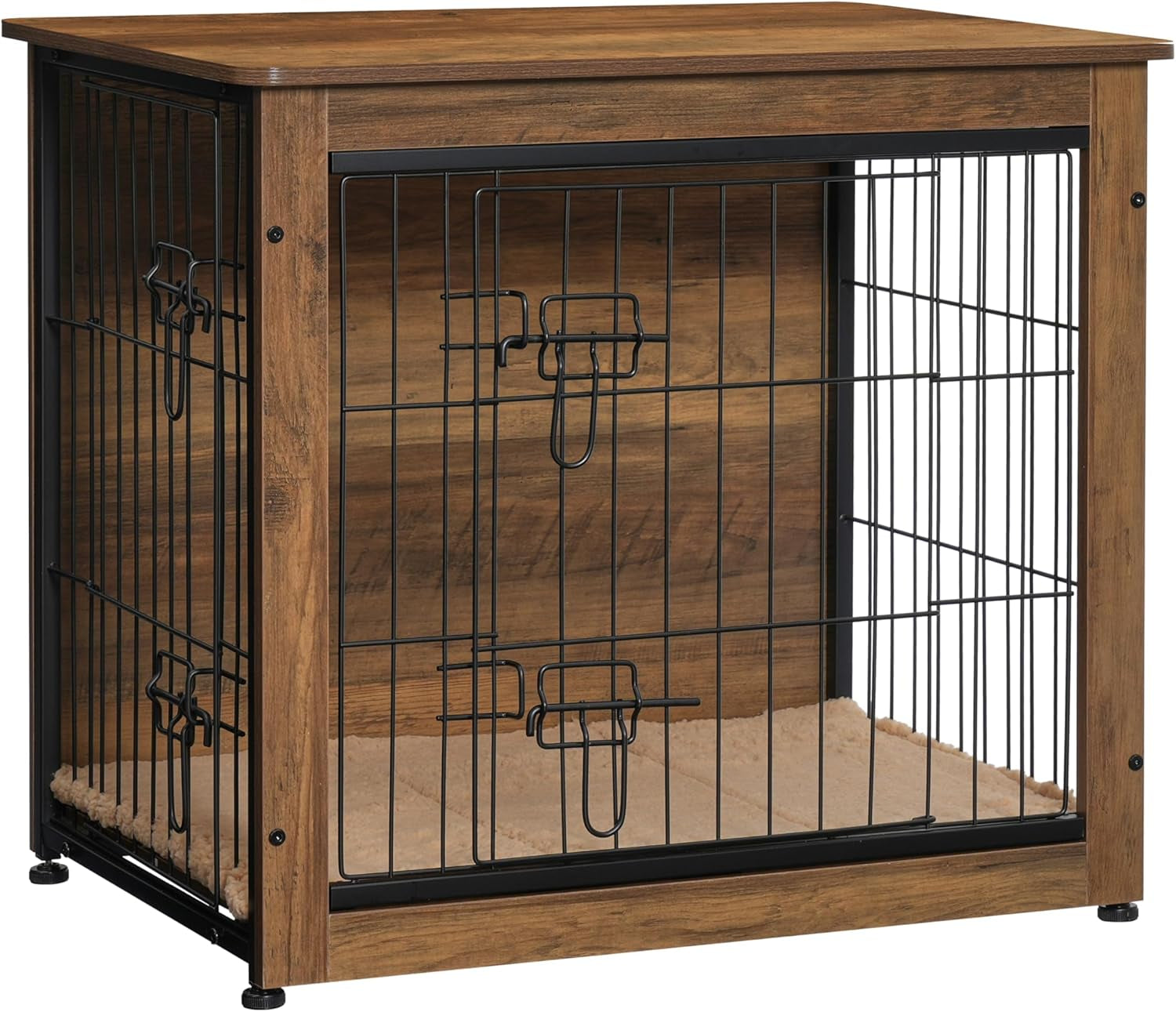 Dog Crate Furniture with Cushion, Wooden Kennel Table with Double Doors, Indoor Dog House, Small/Medium/Large Size, 27.2" L, Warm Brown