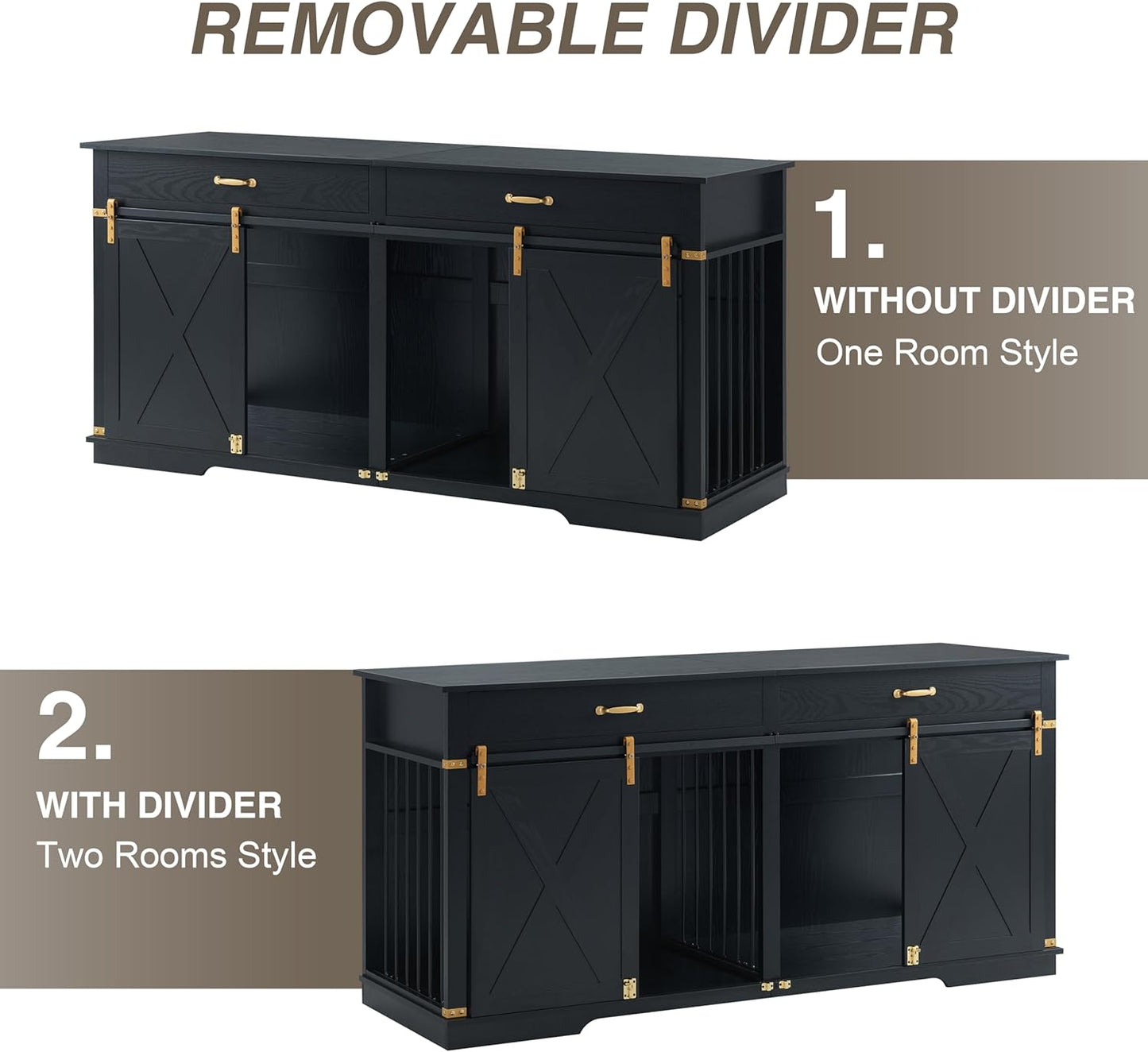 72.5" Extra Large Furniture Style Double Dog Crates for Large Breeds, XXL Wooden Dog Kennel Furniture with Drawers, Divider, Water Resistant & Barn Door for 2 Dogs, Rustic Oak