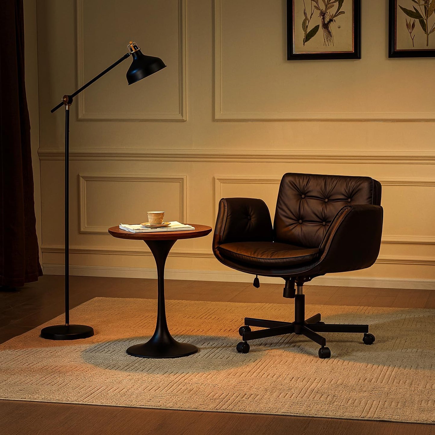 Criss Cross Chair with Armrests & Wheels, PU Leather Vanity Chair, Comfortable Adjustable Swivel Computer Office Desk Chairs for Home, Make Up, Bed Room (Cream White)