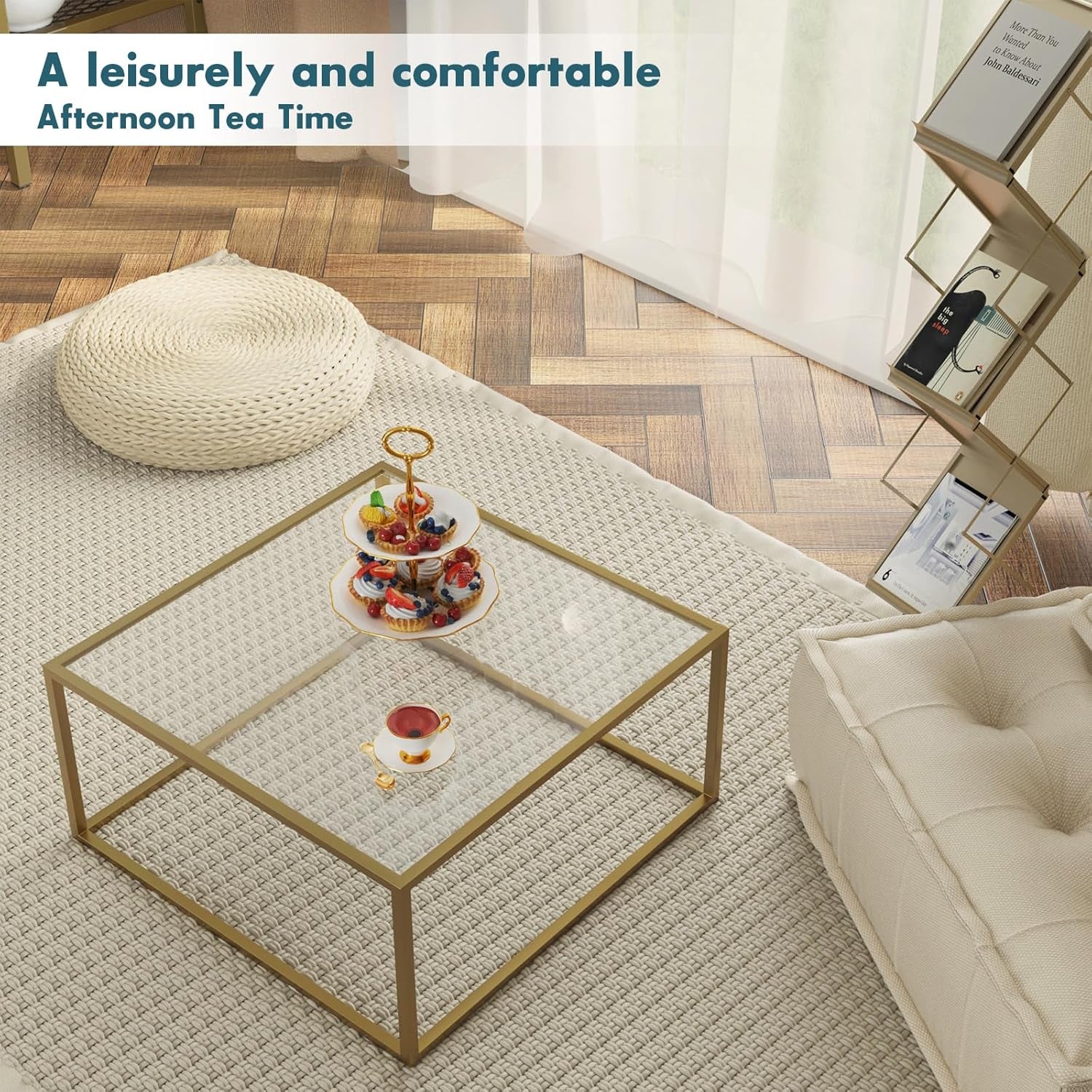 Glass Coffee Table Modern Coffee Tables for Living Room Square Minimalist Center Tables for Home Office 26.7 X 26.7 X 17.7, Gold