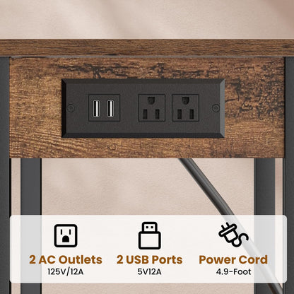 Side Table with Charging Station, Tall End Tables Living Room, 30 Inch Skinny Night Stand with Storage, Small Bedside Tables for Bedroom, Office, Dorm, Hallway, Rustic Brown
