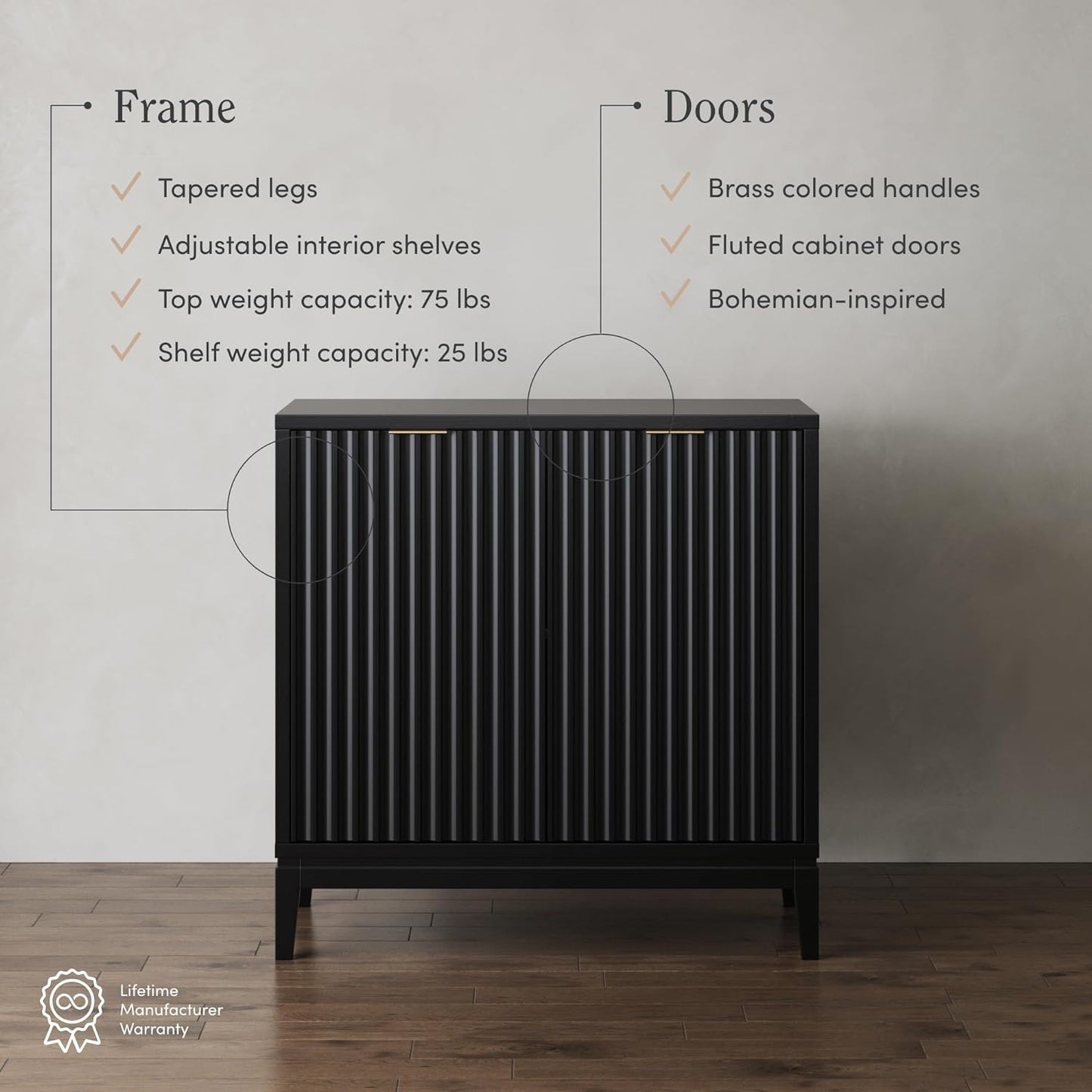 Jasper Modern Sideboard, Kitchen Storage Cabinet with Fluted Doors, Accent Storage for Kitchen or Living Room, Black Oak