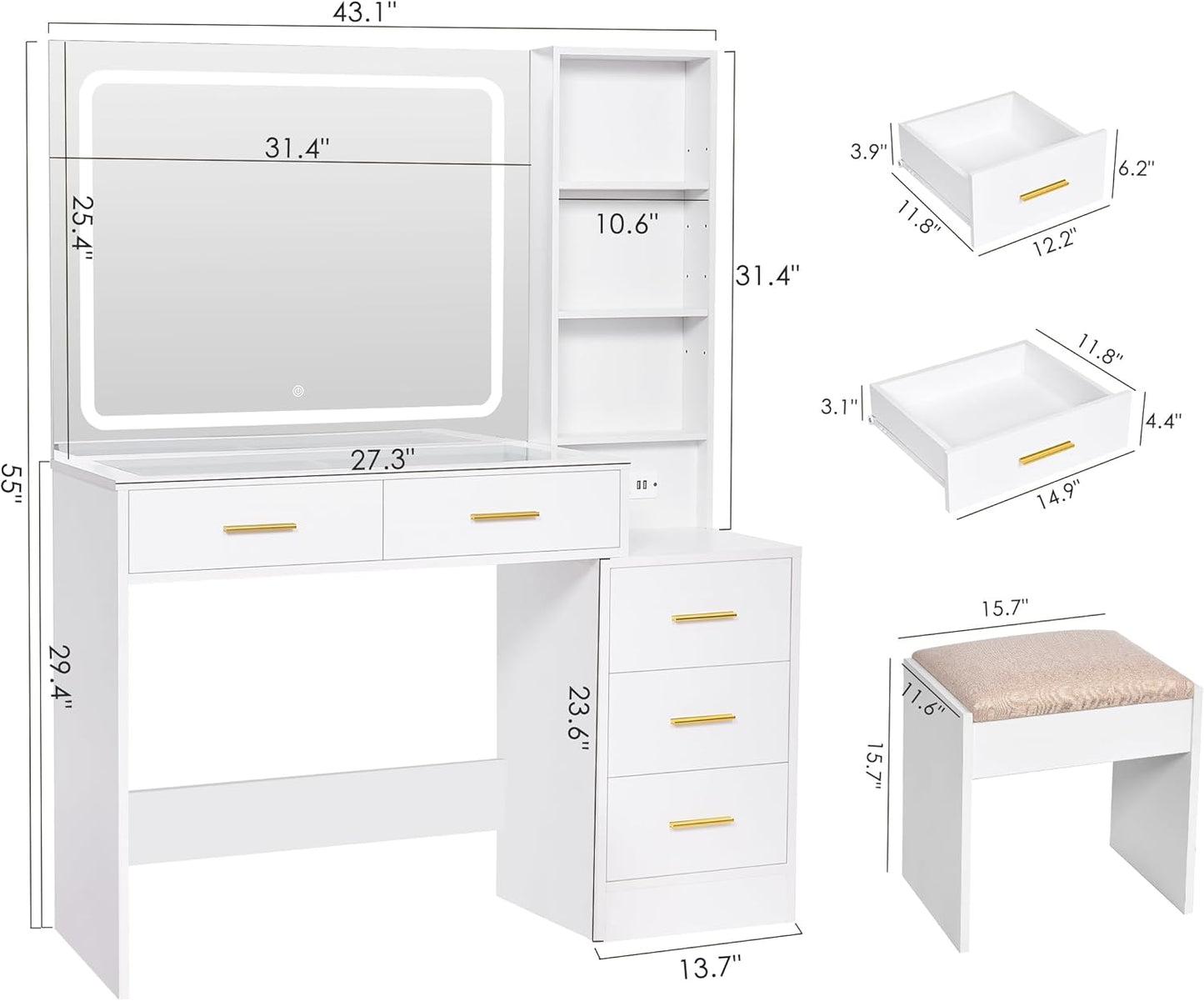 Makeup Vanity Desk with Mirror and Lights,White Vanity Table with Glass Top,Makeup Desk with Power Outlet,5 Drawers,3 Lighting Modes,Stool,Nightstand,Dressing Table for Bedroom Girls FST29W