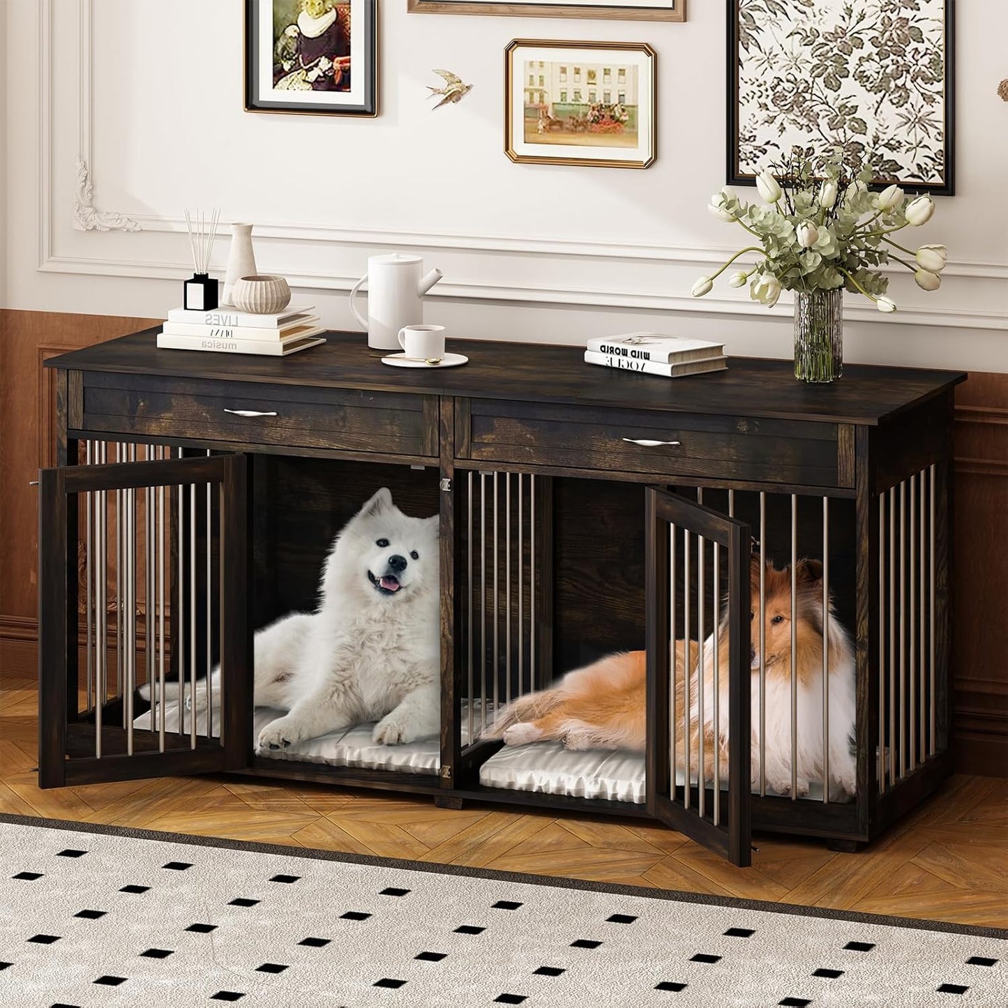 72.4" Large Double Dog Crate Furniture, XL Wooden Dog Kennel House with Divider and 2 Drawers for Large or 2 Medium Breeds Indoor, Rustic Dark Brown