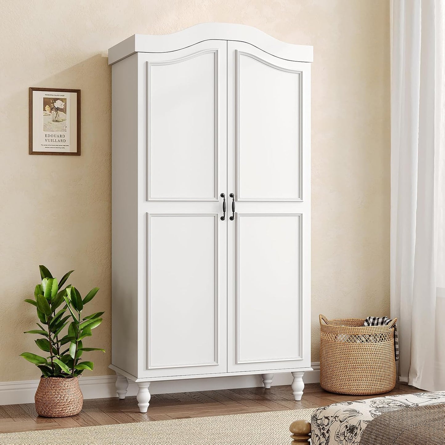 Arched Armoire Wardrobe Closet with 2 Doors, 71" H Wooden Wardrobe Cabinet with Hanging Rod and Shelves, Freestanding Armoire Storage Cabinet for Bedroom, Cloak Room, White