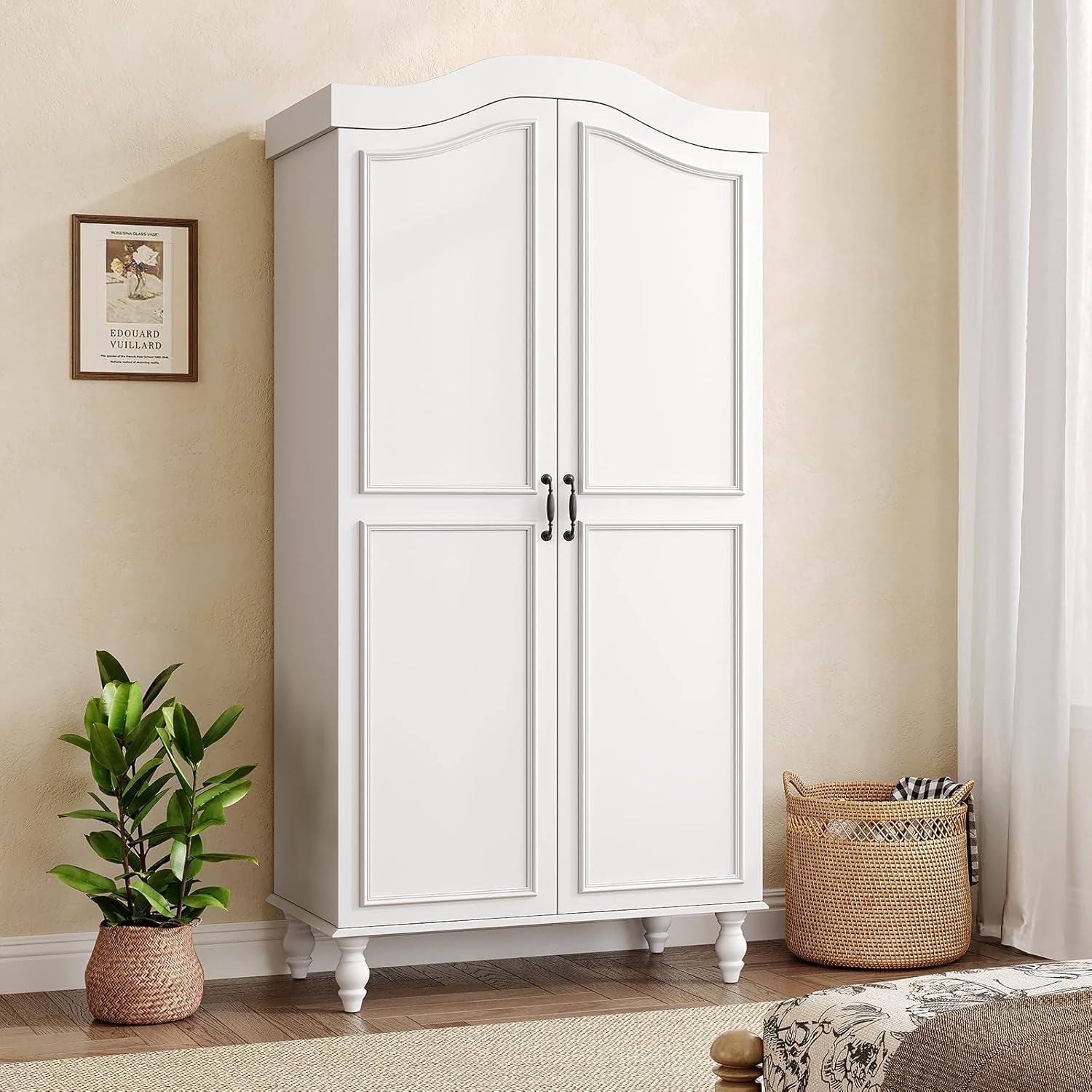 Arched Armoire Wardrobe Closet with 2 Doors, 71" H Wooden Wardrobe Cabinet with Hanging Rod and Shelves, Freestanding Armoire Storage Cabinet for Bedroom, Cloak Room, White