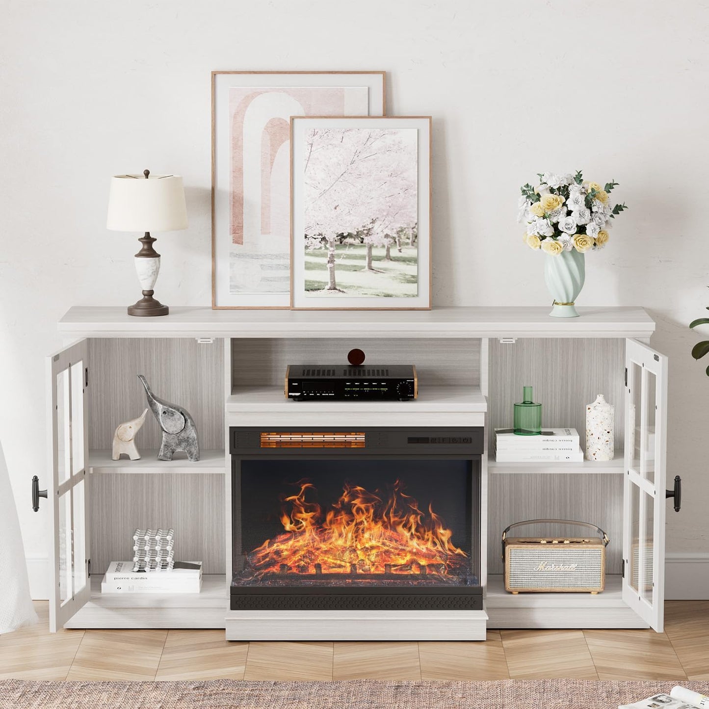 Glass Fireplace TV Stand for Tvs up to 65 Inch, Media Entertainment Center with Storage, White Wash