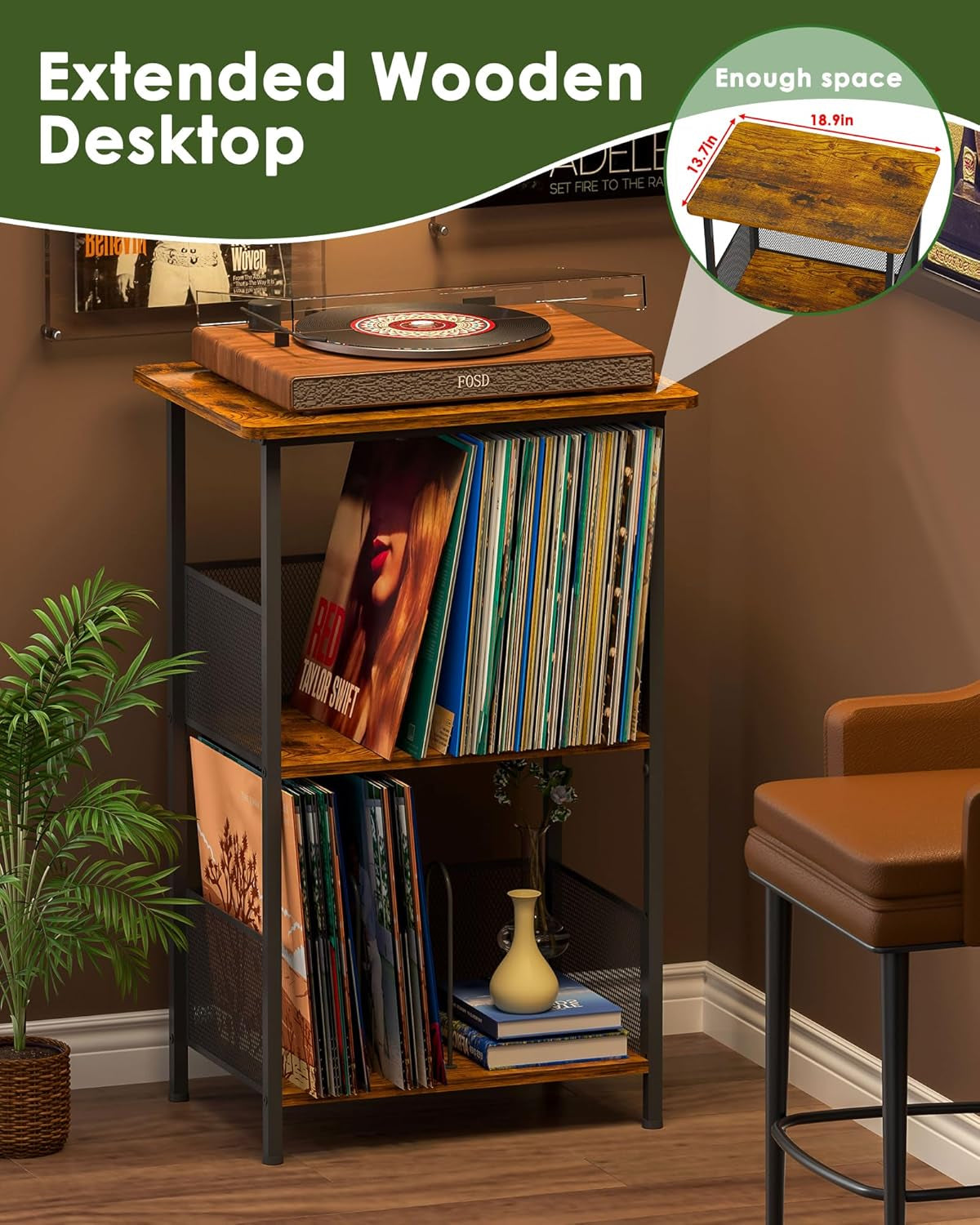 Vinyl Record Player Stand for 200 Albums - Solid Wood Turntable Table with Extended Desktop, Space-Saving LP Holder Cabinet for Living Room, Bedroom & Home Office