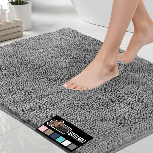 Bath Rug Mat, Thick Soft Absorbent Chenille, Quick Dry Microfiber Mats, Rubber Backing Washable Shower Floor Rugs, Bathmat Runner, US Designed Bathroom Home Decor Accessories 24X17, Grey