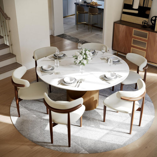59" round Dining Table for 6, Glossy White Sintered Stone Dining Tabletop with Bronze Carbon Steel Pedestal, Modern Dining Room Table for Living Room, Kitchen (Table ONLY)