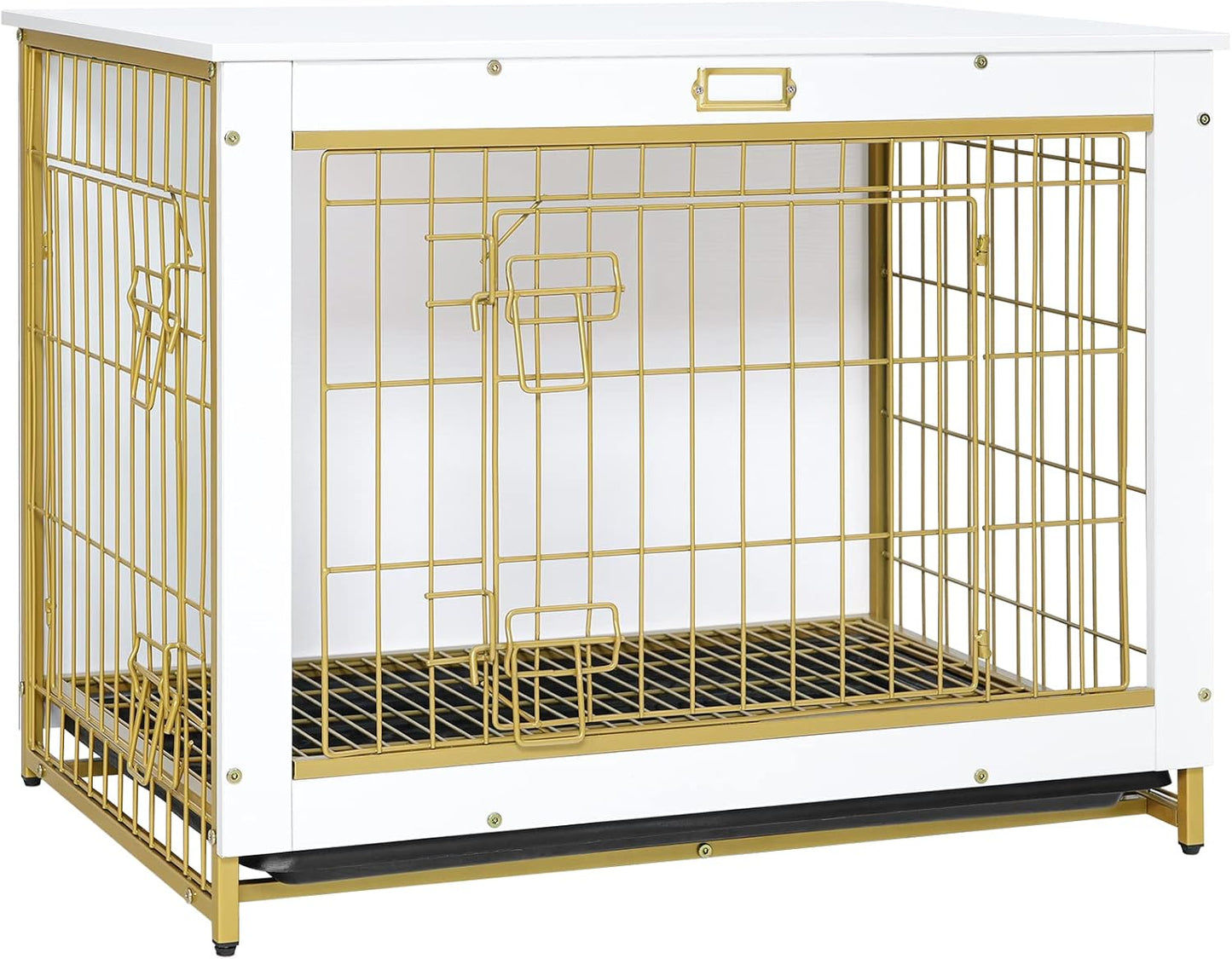 Dog Crate Furniture, 32.5" Medium Dog Kennel Indoor, Wooden Cage with Pull-Out Tray, Double Doors Pet House Side End Table for Medium/Small Dogs, White DW802GW03