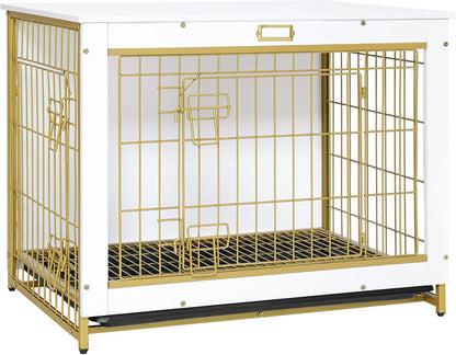 Dog Crate Furniture, 32.5" Medium Dog Kennel Indoor, Wooden Cage with Pull-Out Tray, Double Doors Pet House Side End Table for Medium/Small Dogs, White DW802GW03