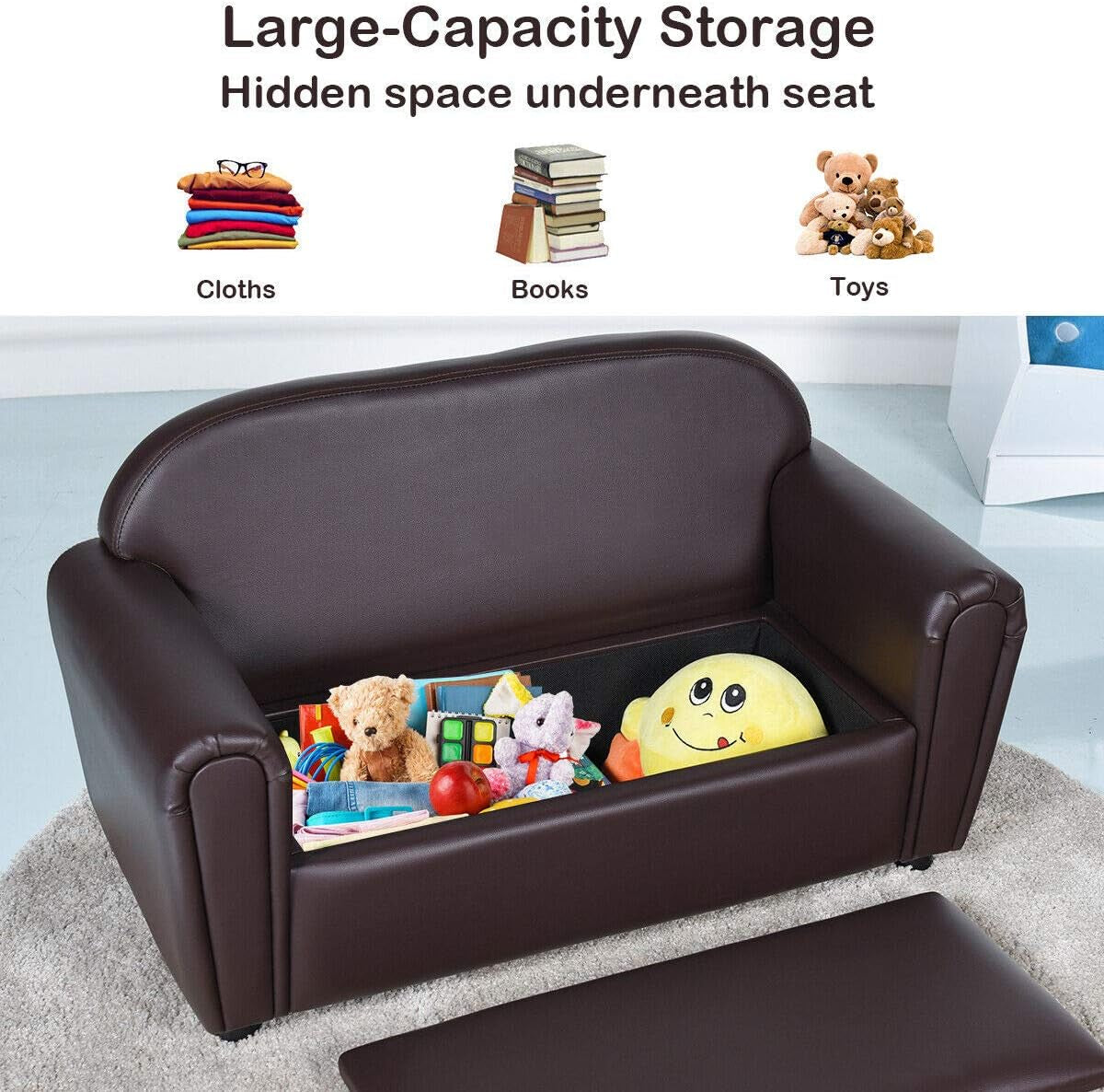 Kids Couch, 2 in 1 Double Seat Children'S Sofa W/Under Seat Storage, PU Leather Surface, Toddler Armrest Chair, Kids Room, Soft Sofa with Storage for Preschool Baby Boys Girls Gifts