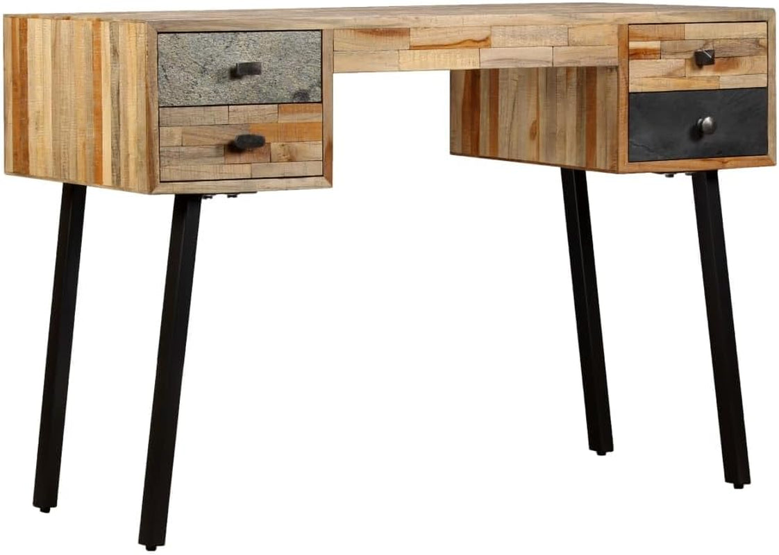 Reclaimed Wood Writing Desk, 43.3 Inch Teak & Steel Computer Table, Modern Home Office Study Furniture with 4 Drawers, Lacquered Finish, 19.7" D X 29.9" H