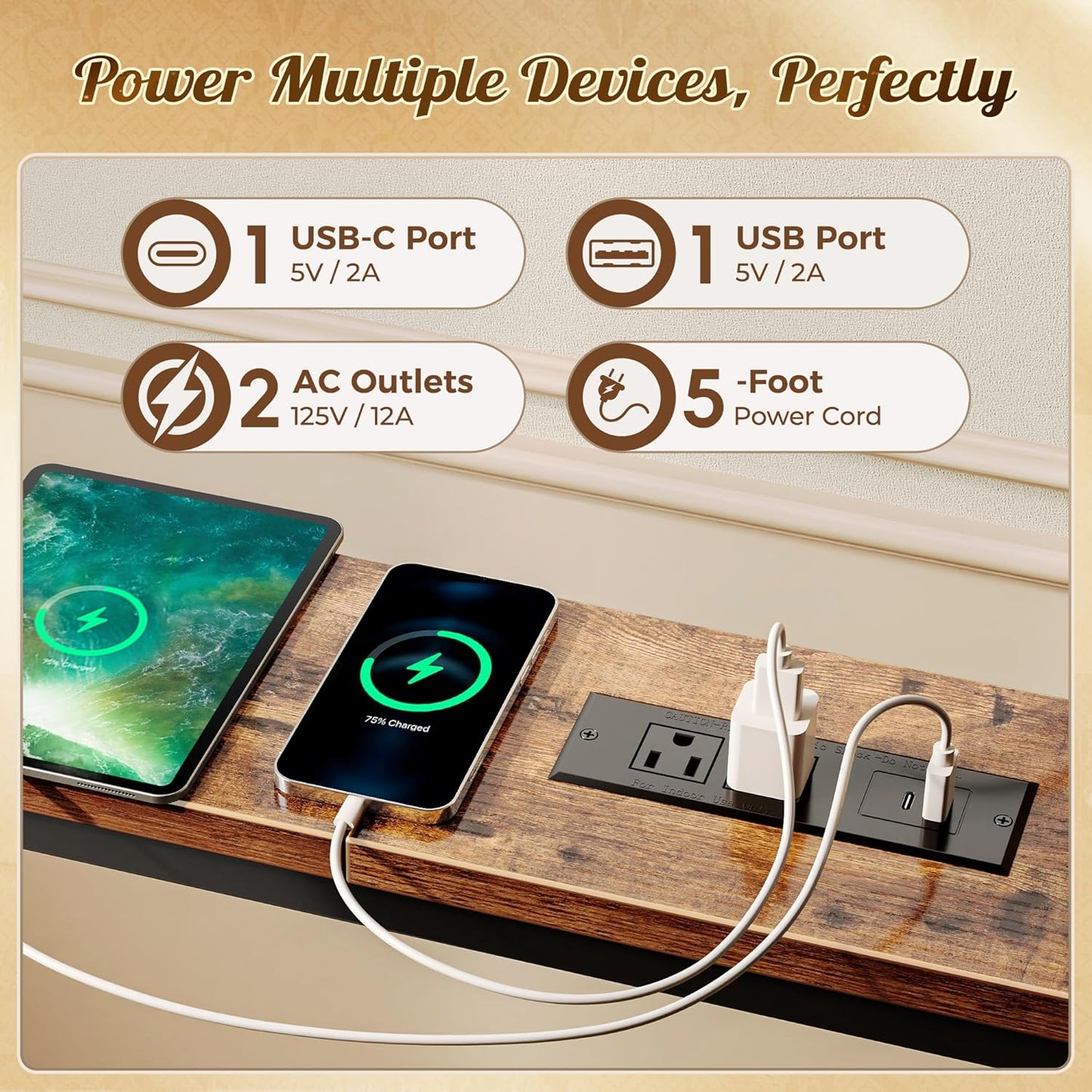 118 Inch Sofa Table with Power Outlets and USB-C Ports, 5.9 Inch Narrow Entryway Table, behind Couch Table with Storage, Extra-Long Console Table, Living Room, Rusitc Brown