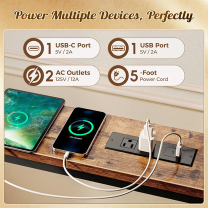 118 Inch Sofa Table with Power Outlets and USB-C Ports, 5.9 Inch Narrow Entryway Table, behind Couch Table with Storage, Extra-Long Console Table, Living Room, Rusitc Brown
