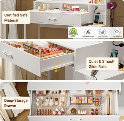 Vanity Desk with Mirror and Lights, Makeup Vanity with Storage Drawer, Power Outlet and Large Cabinet for Bedroom - White