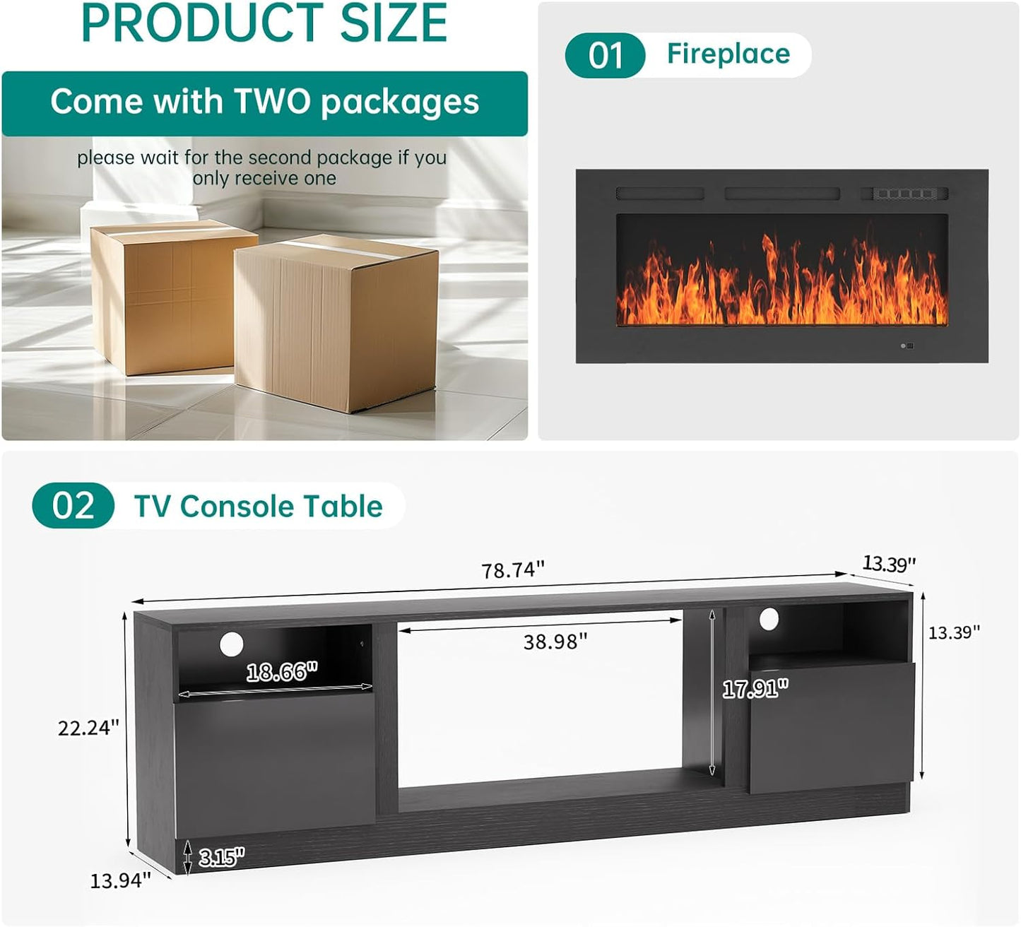 80" Fireplace TV Stand for Tvs up to 90", LED Light Entertainment Center with 36" Electric Fireplace, Modern Wood Texture TV Media Console with Highlight Storage Cabinet, Black+Black