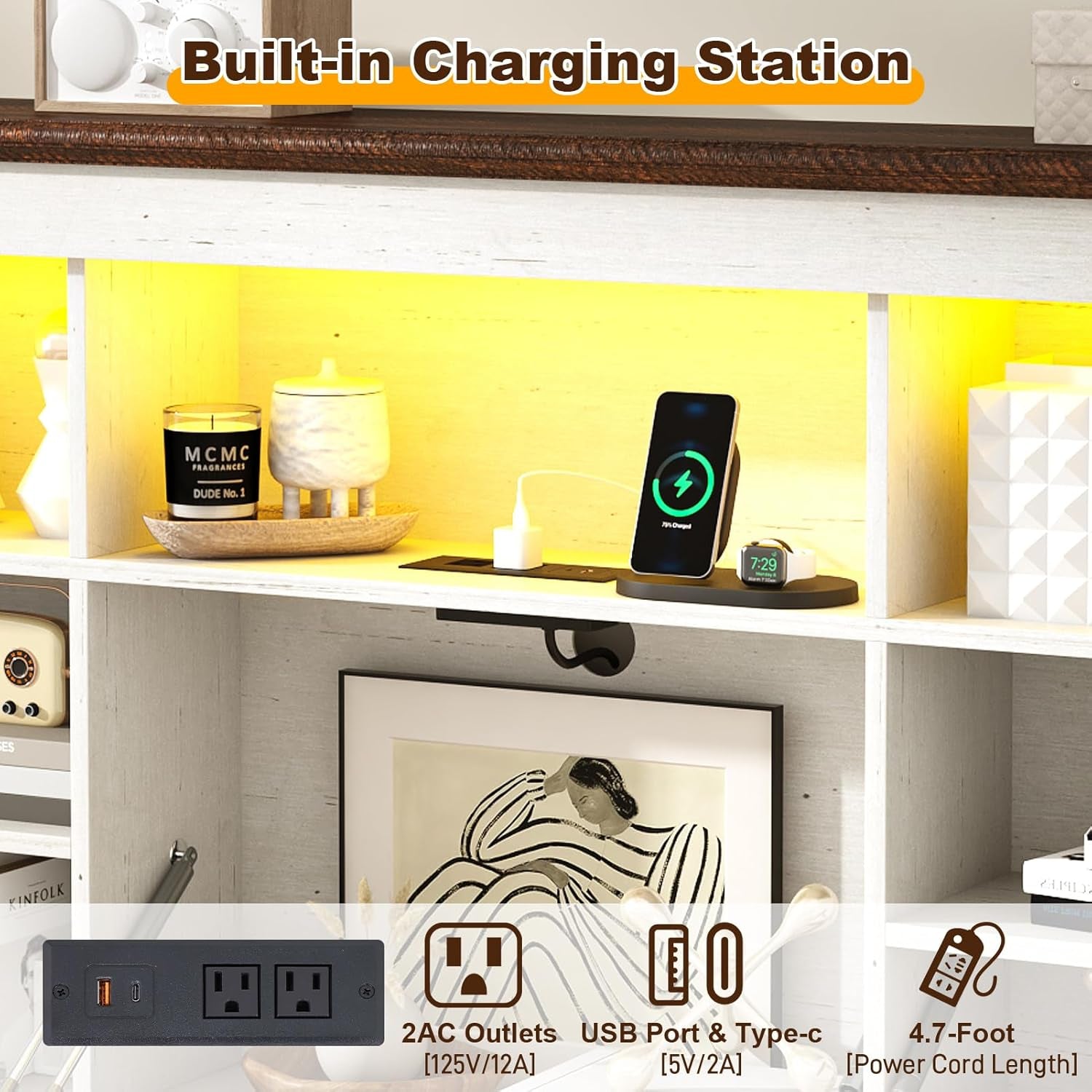 Farmhouse King Size Bed Frame with 55" Tall Storage Headboard & 4 Drawers, Wood Roman Column Platform Bed Frame with 24" Tall Footboard, LED Light, Charging Station, No Spring Needed, Antique White