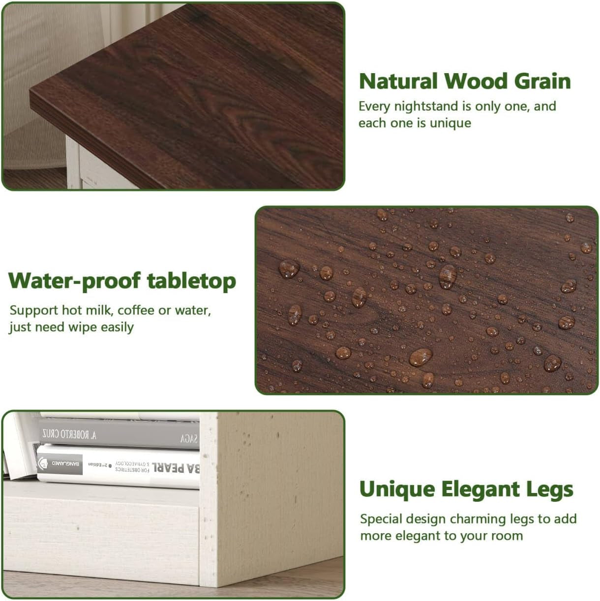 Farmhouse Nightstands Set of 2, Bedroom Night Stand with 1 Drawers, Wooden Bedside Tables 15.6" D X 18.7" W X 21.26" H, White and Brown Wood Grain Finish