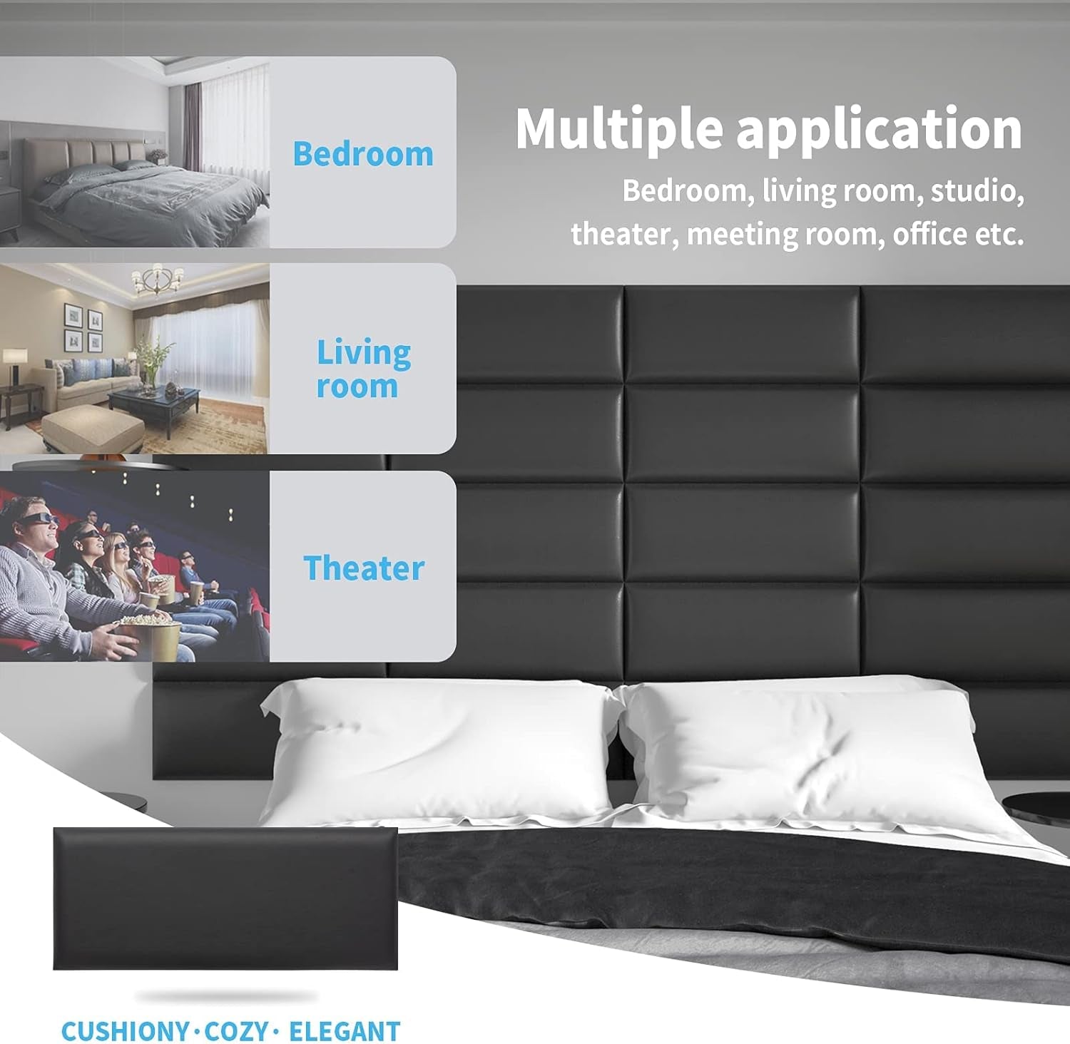 Peel and Stick Black King Headboard, 12-Pack Upholstered Headboard for Queen, Full-Size Bed, Padded Wall Panel