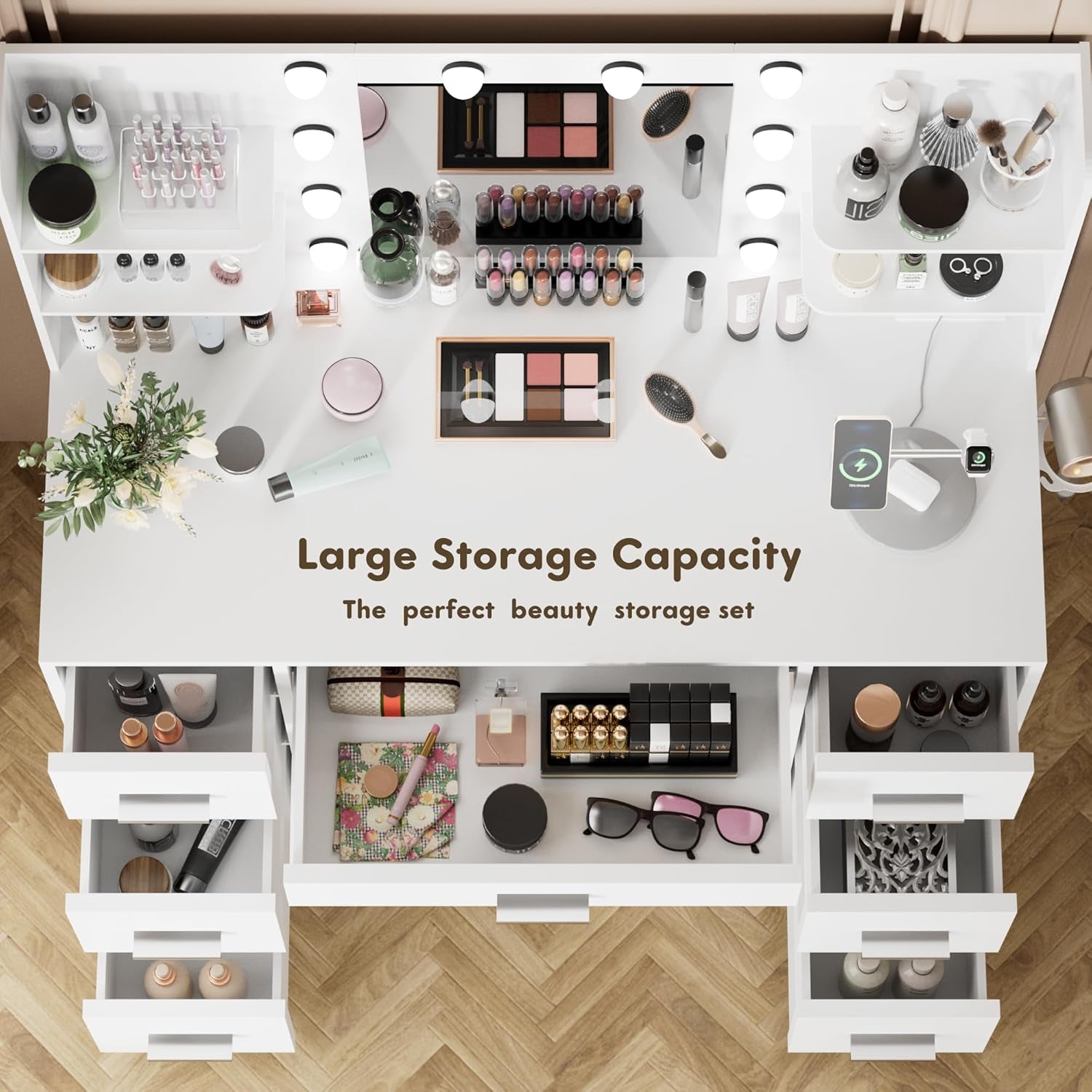 Vanity Desk with Mirror, Power Outlet and 10 Lights, Makeup Table with 7 Drawers, 3 Color Modes Available for Bedroom, Pure White