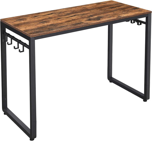 Computer Desk, Office Desk with 8 Hooks, for Study, Home Office, Easy Assembly, Steel Frame, Industrial, 39.4 X 19.7 X 29.5 Inches, Rustic Brown and Black ULWD045B01