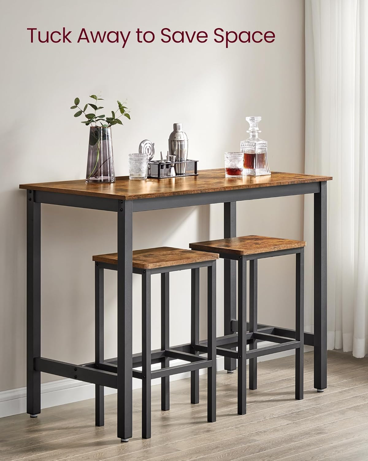Bar Table Set, with 2 Bar Stools, Dining Table Set, Kitchen Counter with Bar Chairs, Industrial, Living Room, Party Room, Rustic Brown and Black ULBT15X