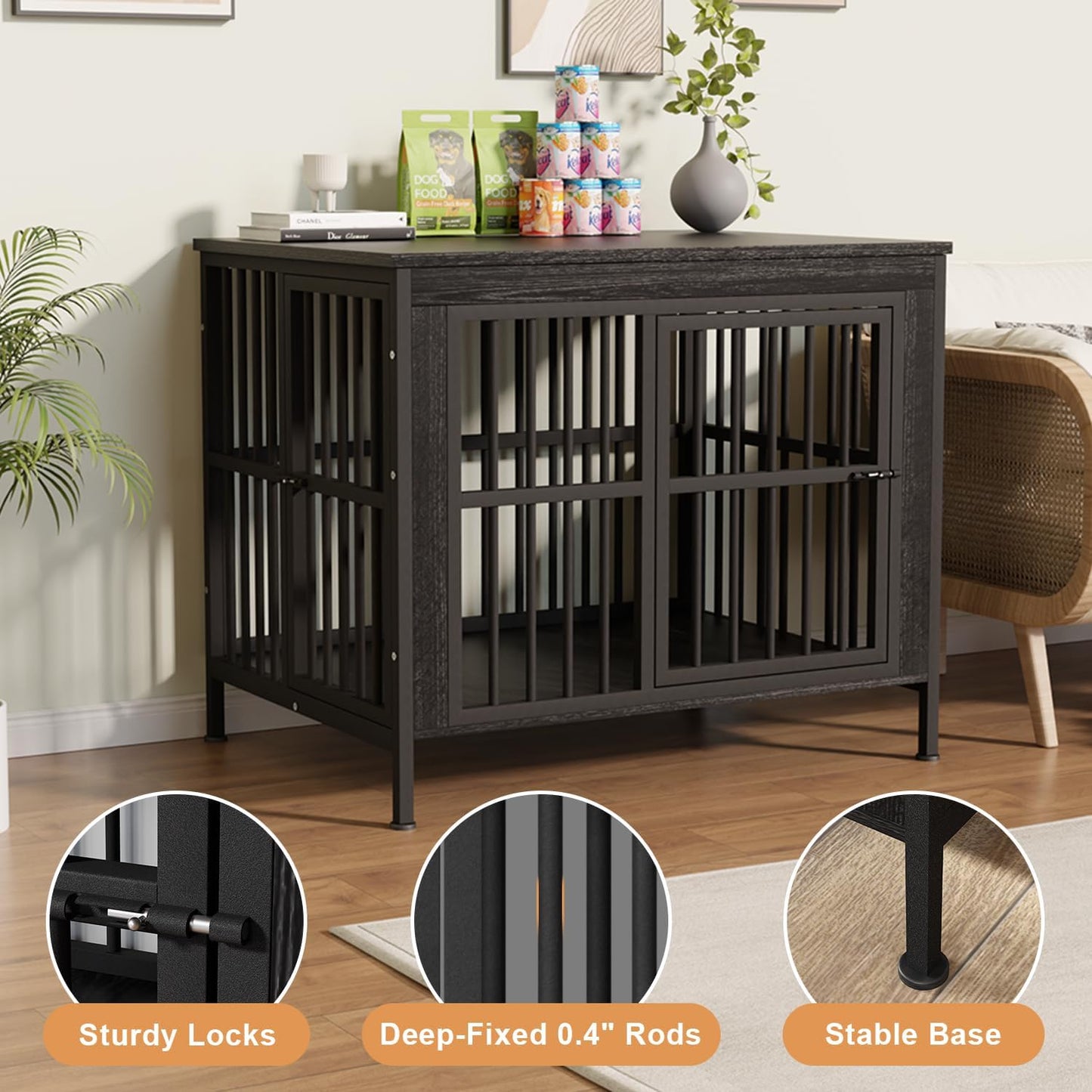 40" Dog Crate Furniture with Front Door & Storage Tabletop, Dog Kennel Side Table for Living Room, Industrial Pet Cage with 4.7" Raised Feet, Decorative Dog Kennel End Table, XL Crate, Black