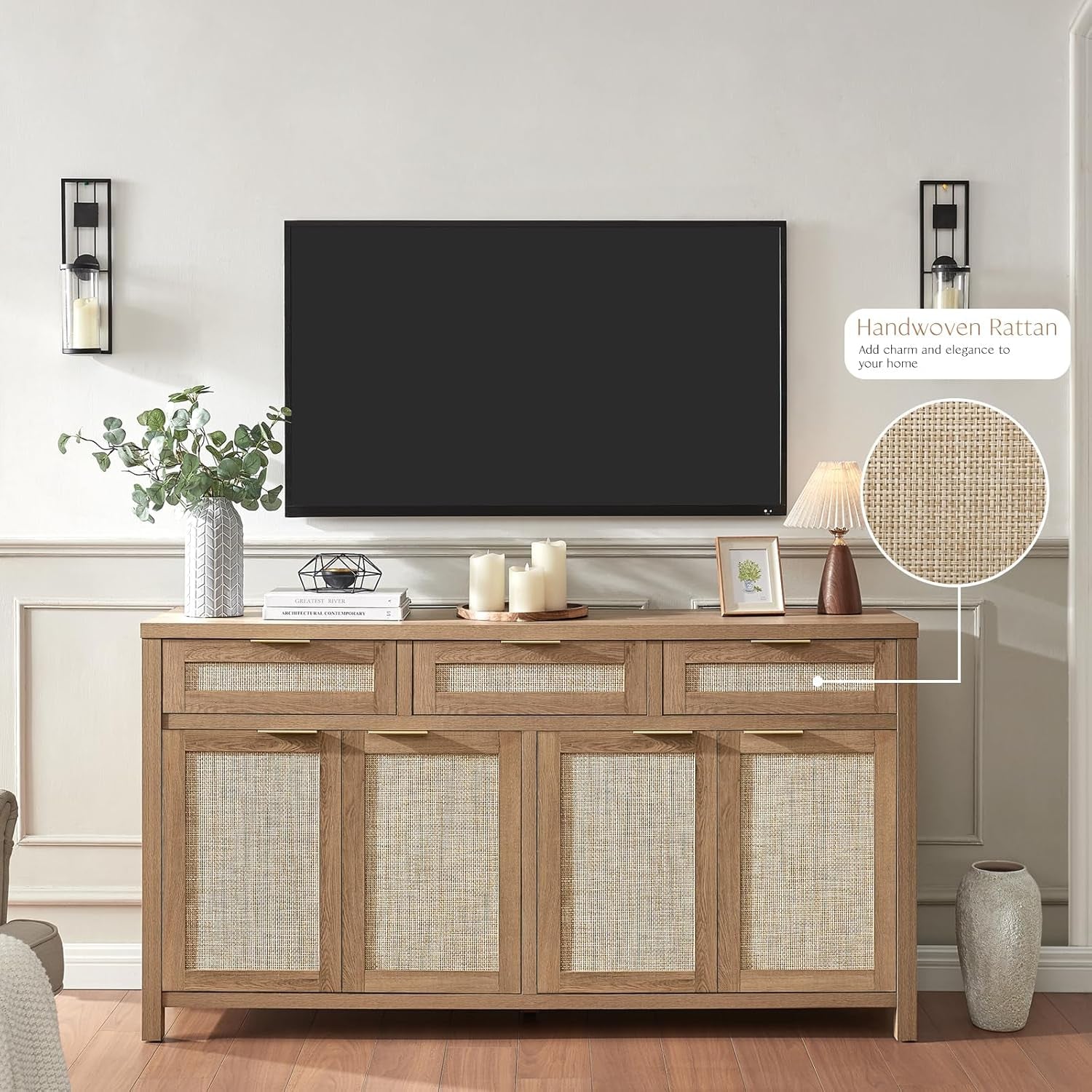 Rattan Sideboard Buffet Cabinet, Boho Storage Cabinet with Adjustable Shelves, Farmhouse Credenza Coffee Bar Cabinets with 4 Doors & 3 Drawers for Living Room, Hallway & Kitchen